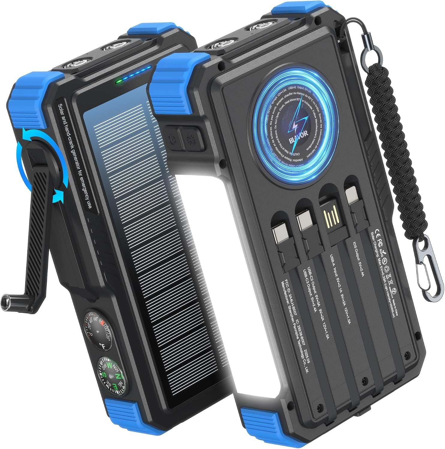 BLAVOR Solar Power Bank with Hand Crank and Built-in 4 Cables 20000mAh