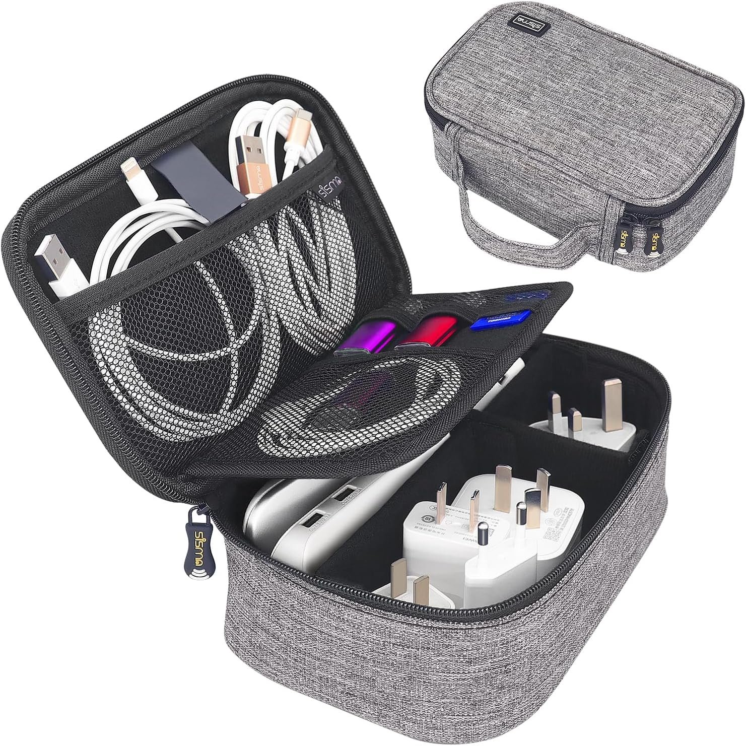 sisma Travel Electronics Organizer Small Carrying Case for Cables Phone Chargers USB Plugs Power Cords Earbuds Adapter Tech Accessories Pouch -Grey