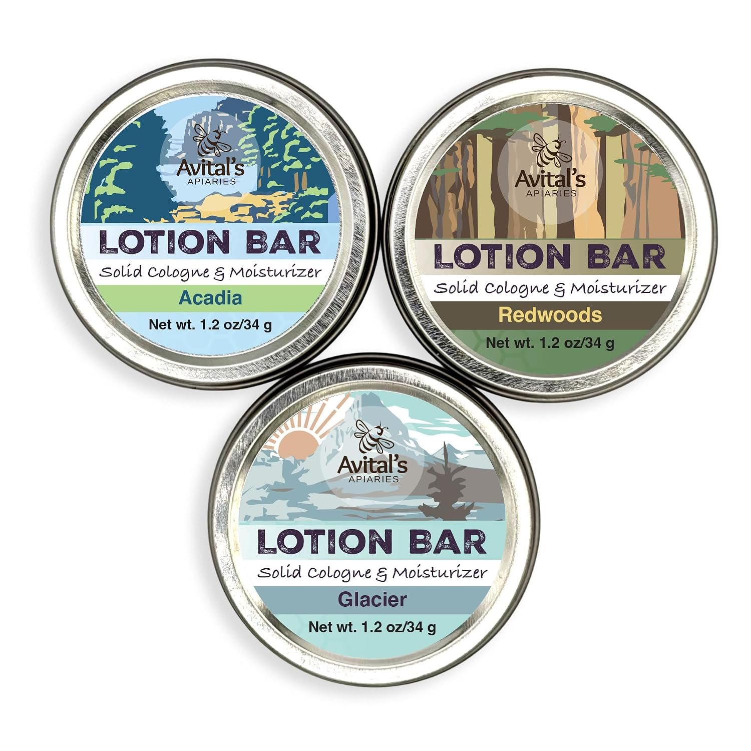 Avital’s Apiaries National Parks Lotion Bar Gift Set (3-Pack) Solid Beeswax Moisturizer with Shea Butter & Mango Butter Travel-Friendly, Plastic-Free Skincare Inspired by Acadia, Glacier & Redwood