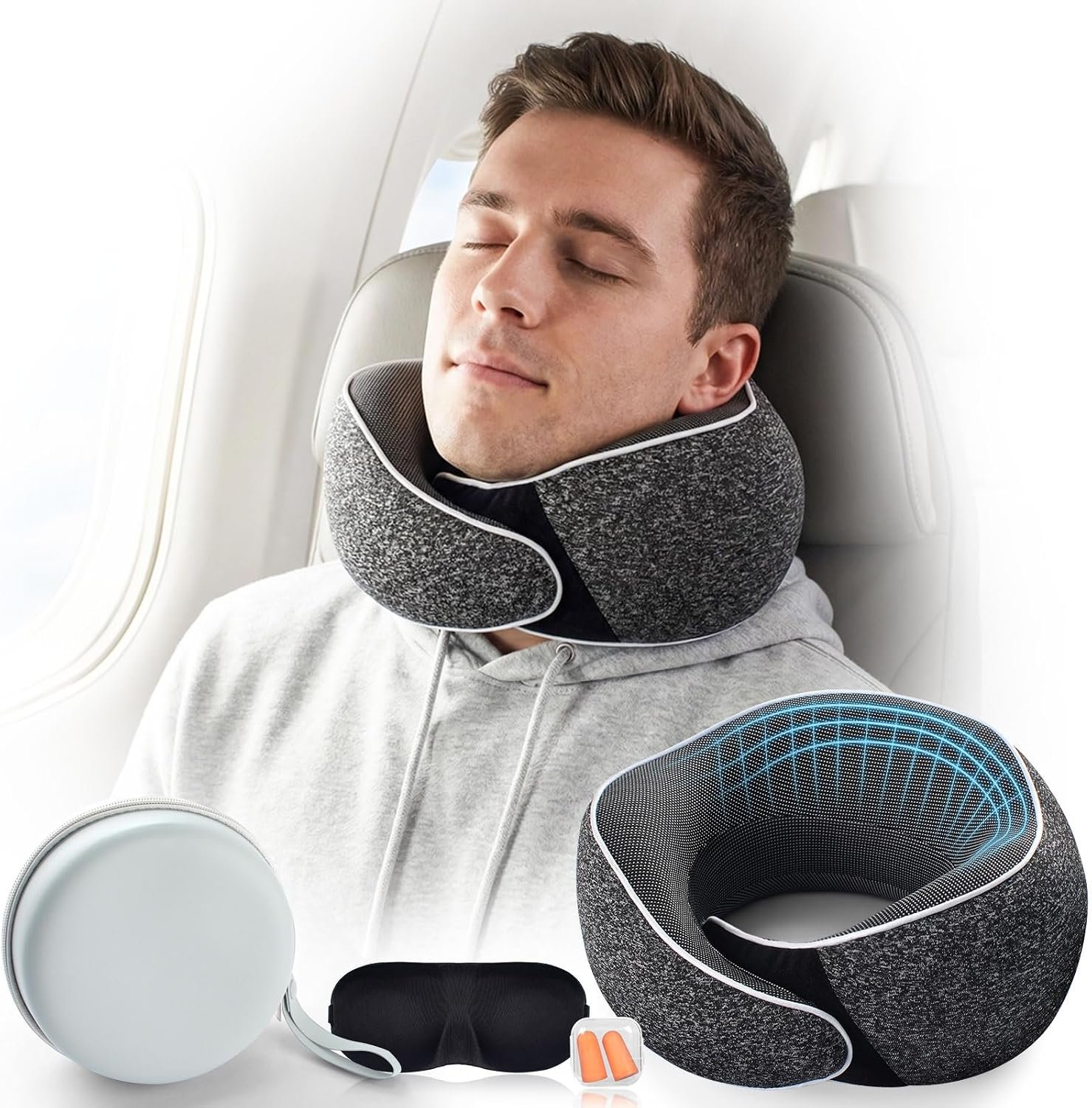 Travel Neck Pillow for Airplanes, 4‑in‑1 360° Ergonomic Memory‑Foam Support
