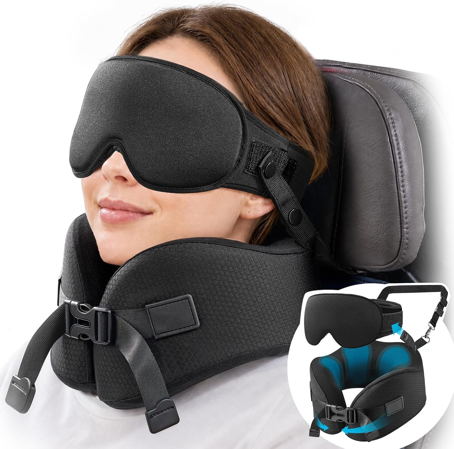 YFONG Travel Pillow with 3D Sleep Mask for Long Flights Airplane, Black