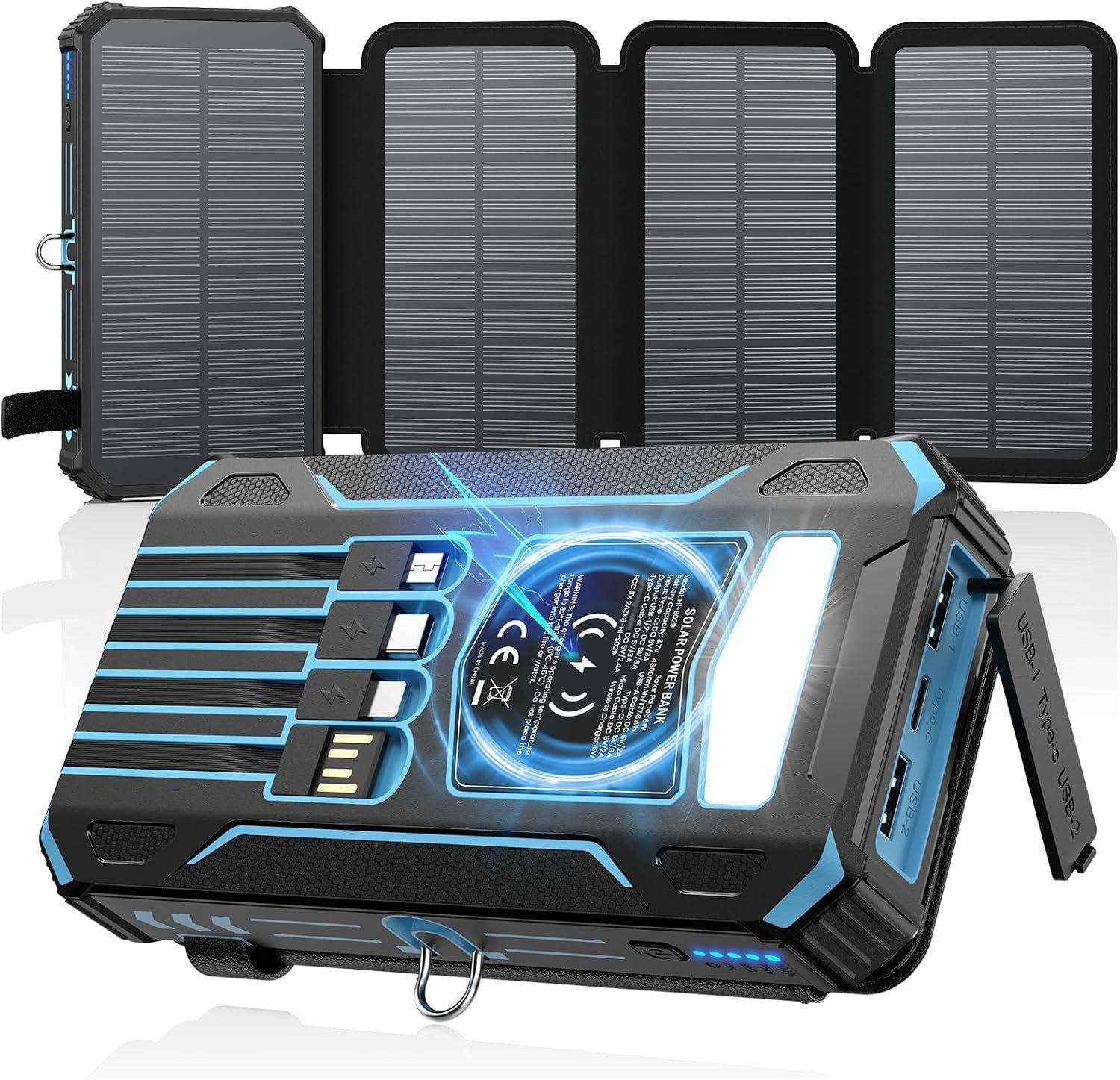 SOARAISE Solar Power Bank 48000mAh Wireless Battery Pack with 4 Cables