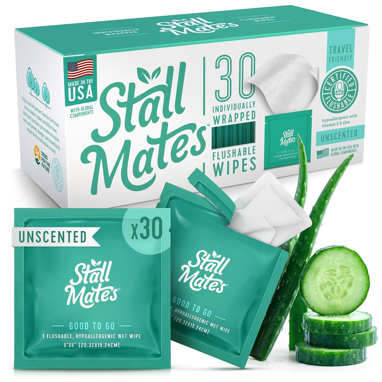 Stall Mates Flushable Wipes, Individually Wrapped, Unscented, 30 Count