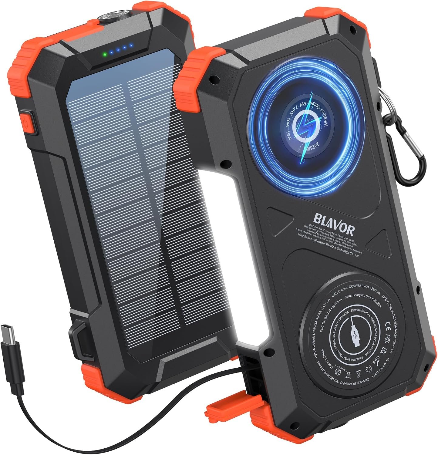BLAVOR Solar Power Bank Built-in Retractable Cable 20000mAh