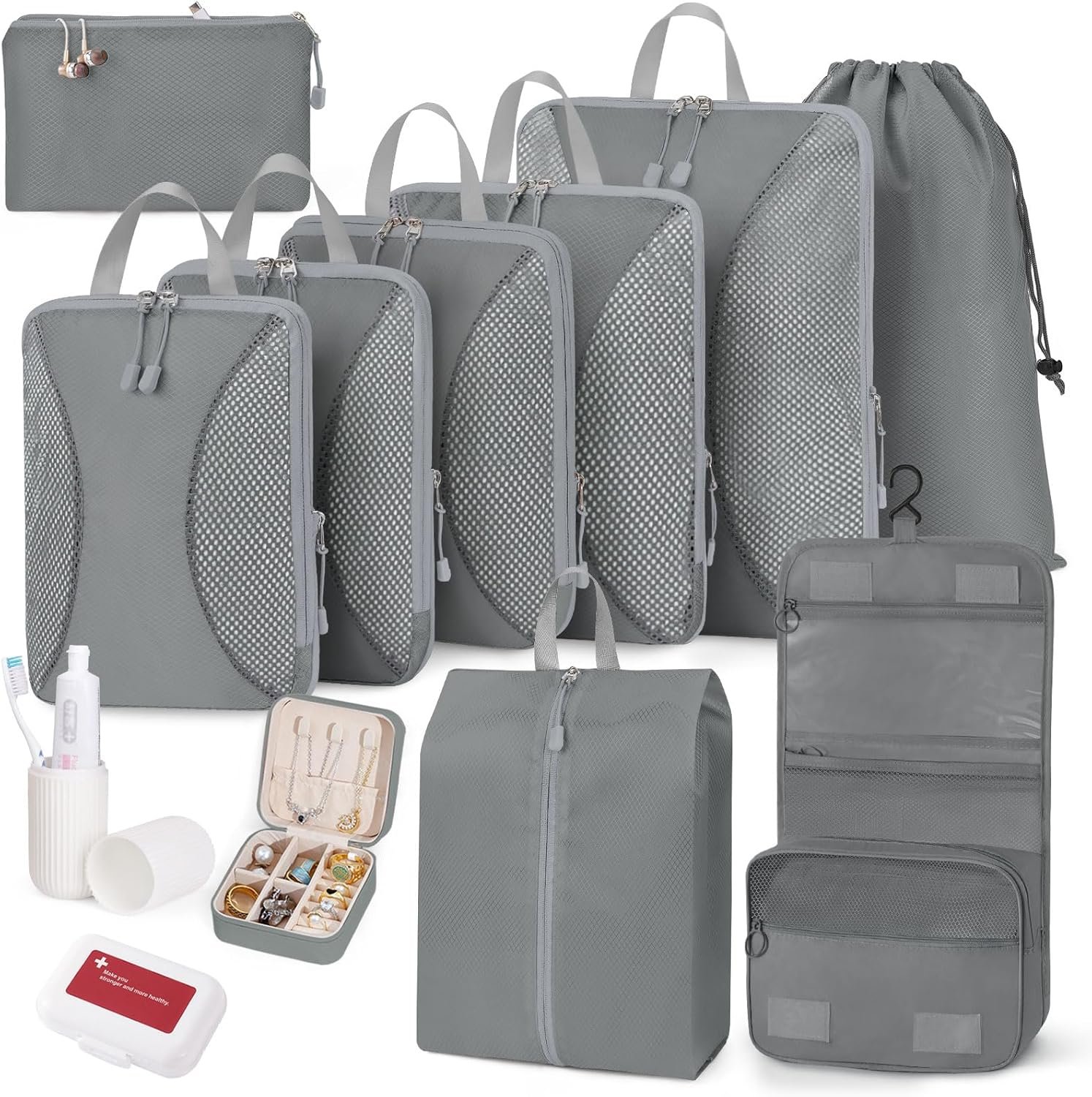 12 Set Compression Packing Cubes, Expandable Suitcase Organizers for Travel Accessories, Lightweight Luggage Organizer Bags, Gray