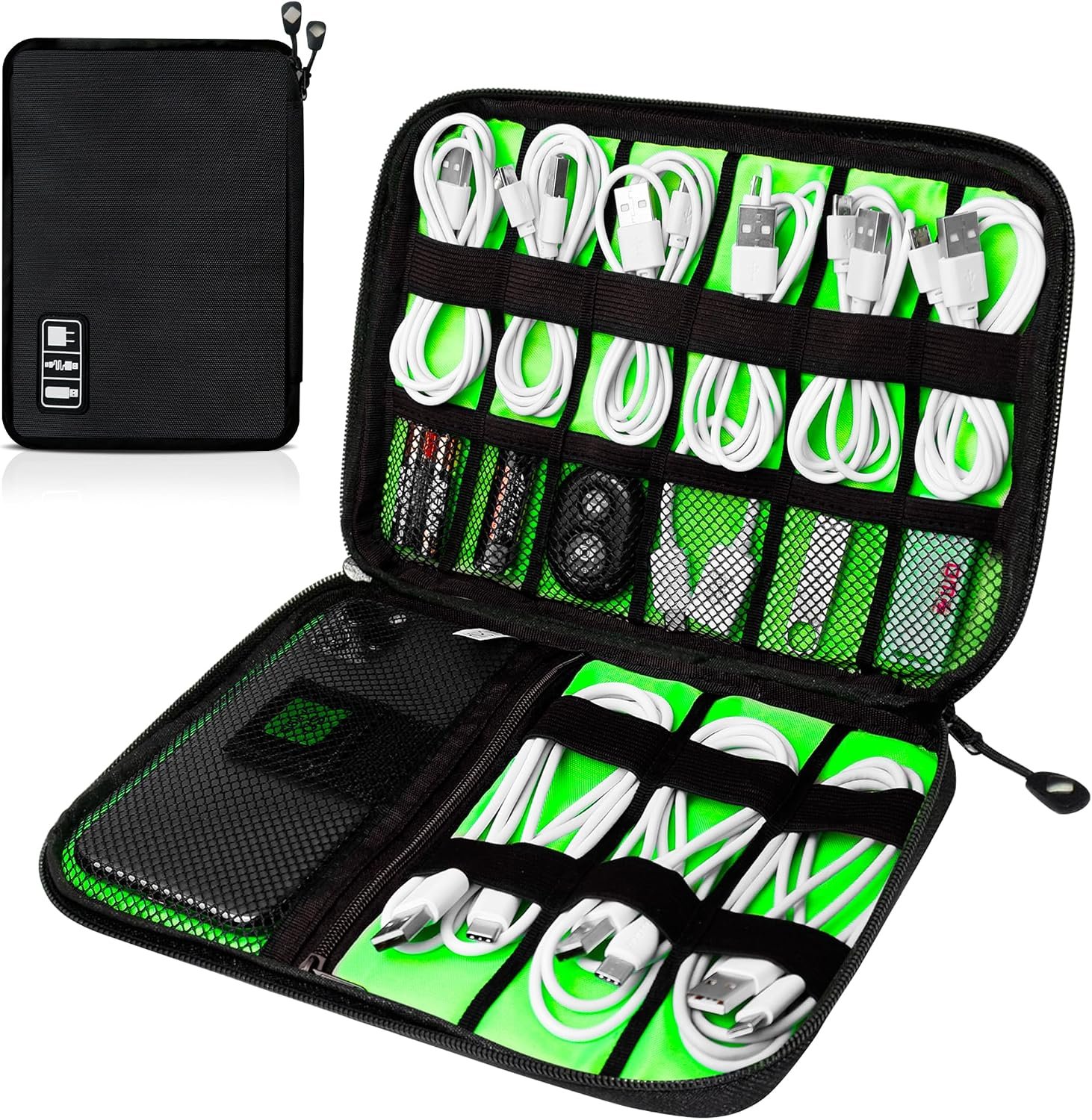 Cord Organizer Travel, Electronics Organizer Tech Pouch – Portable Cable Organizer Bag for Cords, Charger, Phone, SD Card, Power Bank for Travel & Daily Use -Black Green