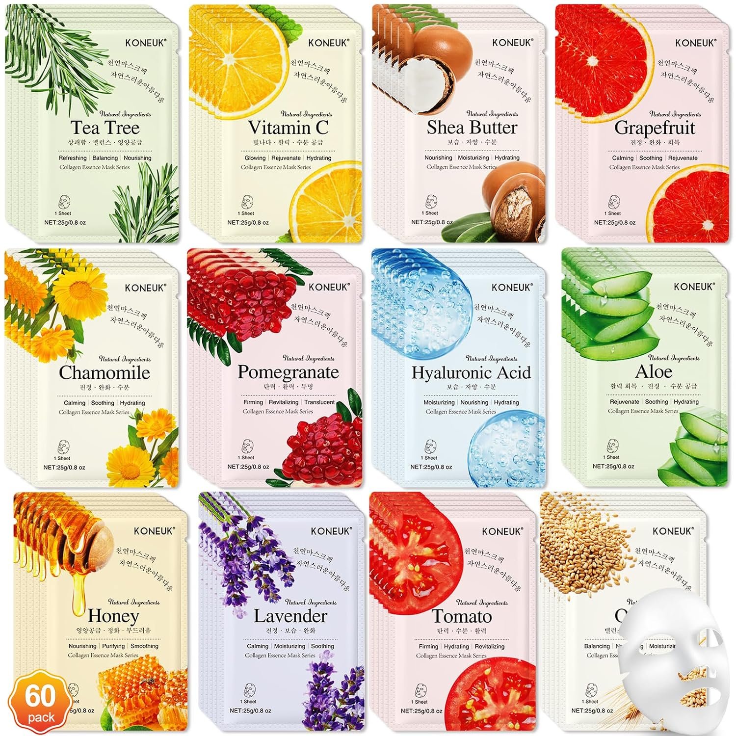 KONEUK 60 Pack Collagen Essence Face Masks Skincare for Women