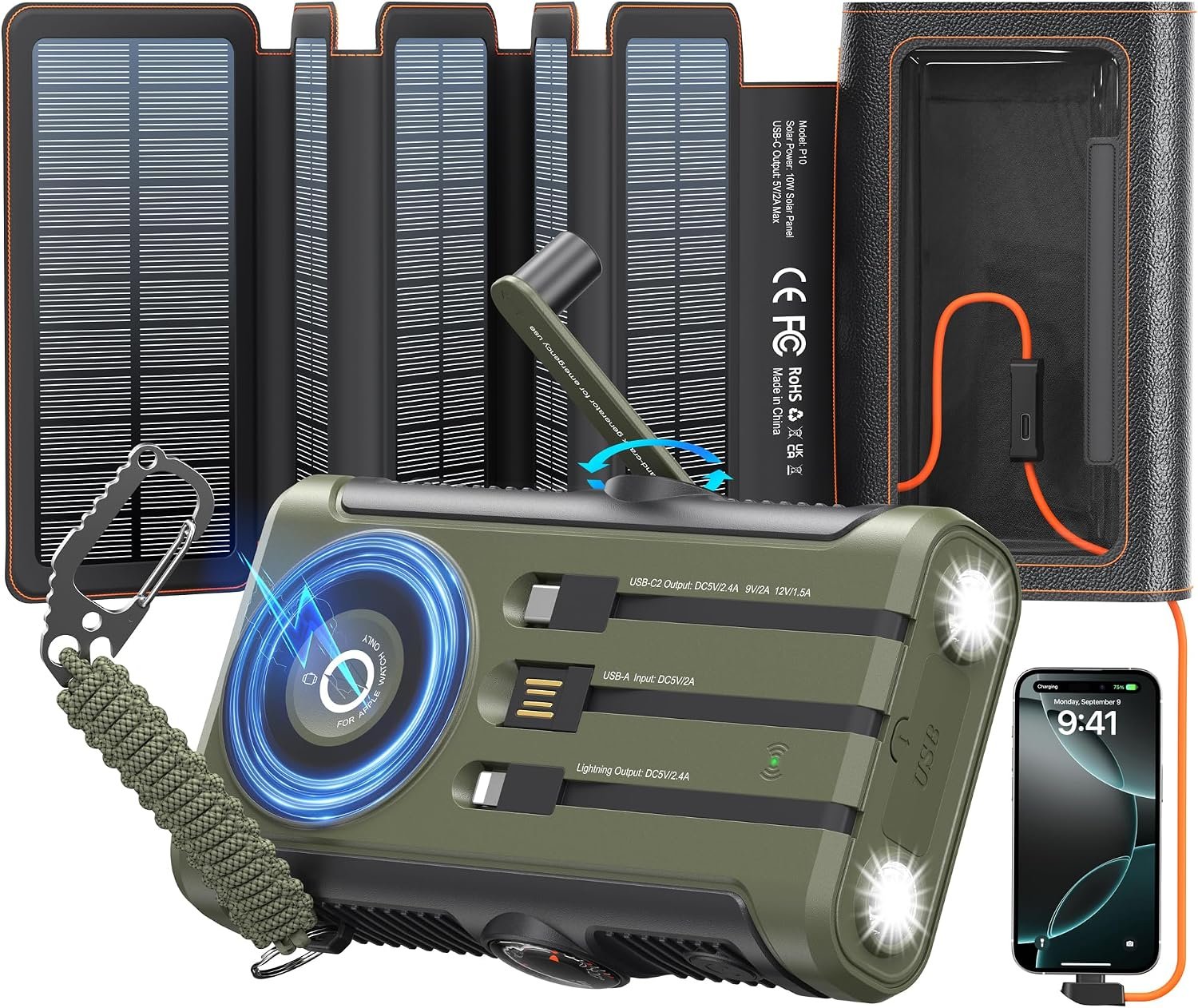 Solar Charger Power Bank Pack: 20000mAh Wireless Portable Charger with 10W Foldable 5 Panels Storage Bag,Hand Crank Emergency & 20W PD Fast Charging External Battery for Camping Travel