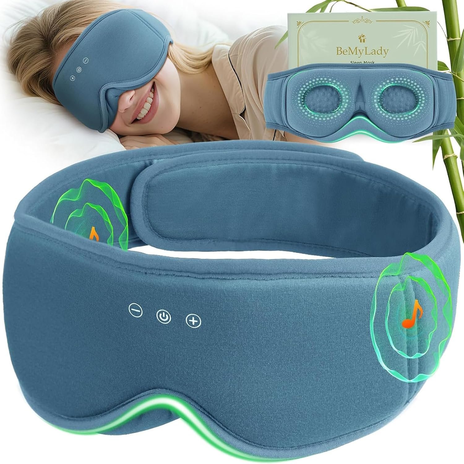 3D Bamboo Cotton Sleep Mask with Bluetooth 5.4 Headphone, Blue