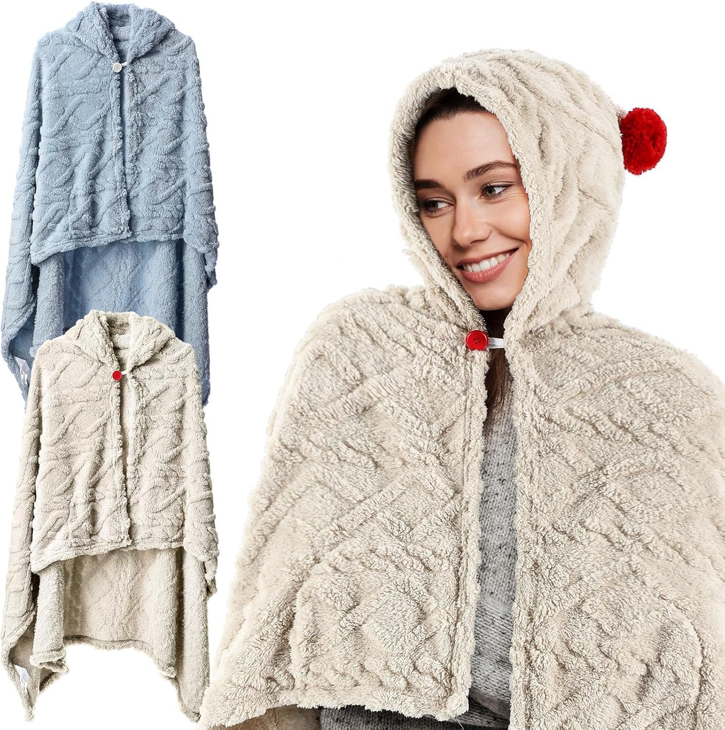 Hahafelt 2 Pcs Hooded Blanket Poncho, Wearable Blanket Throw Wrap Poncho for Women Adult, Cozy Fluffy Flannel Shawl Cape for Women Winter Gifts