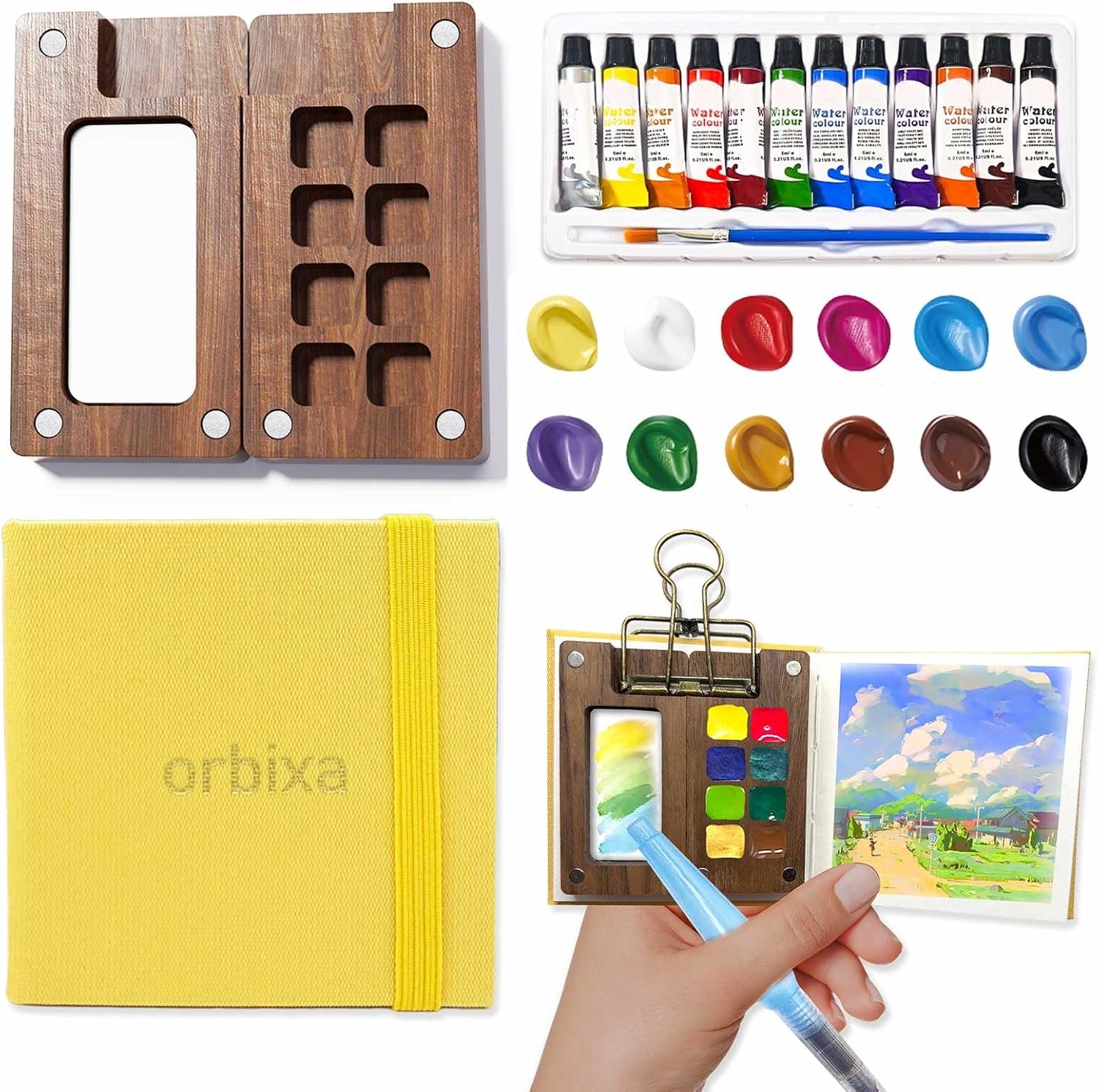 Orbixa Mini Watercolor Palette Paint Set Travel Size – 12 Color Paint with 8-Wooden Grid Palette,Mini Sketchbook & Brushes | Portable Artist Supplies Kit for Students, Beginners, Outdoors Use (yellow)
