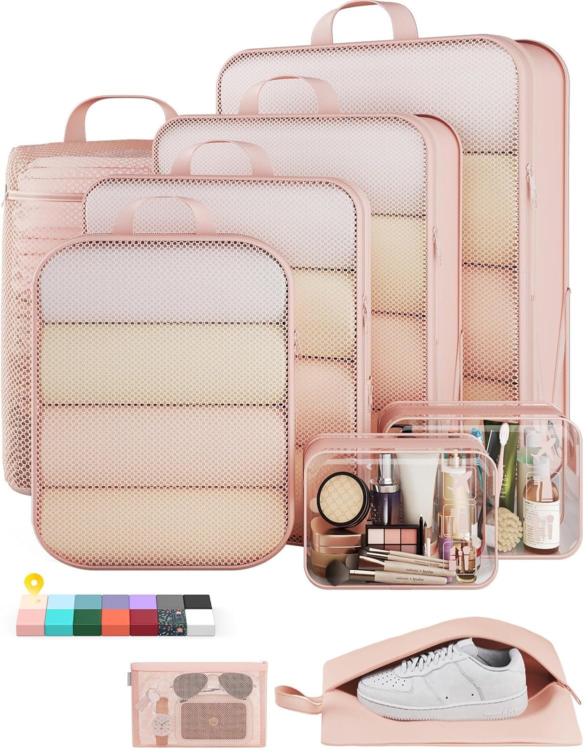 Veken 9/11 Set Compression Packing Cubes for Cruise Travel Essentials,Compressible Expandable Large Luggage Organizer Bags for Clothing,Space Saver Bags with Over 1000 pcs of Mesh Holes(Beige)