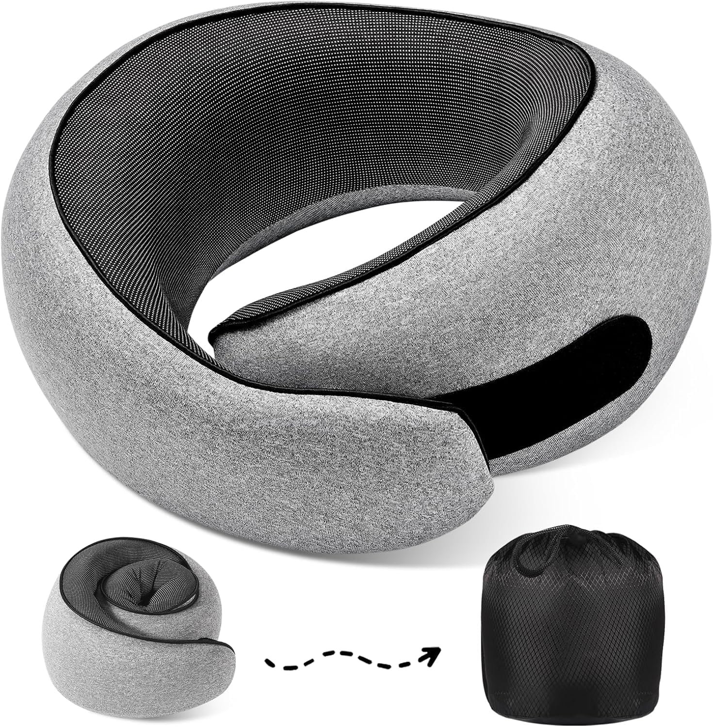 Portable Travel Neck Pillows, 100% Memory Foam Filling, Travel Pillows for Airplanes, Compact and Ergonomic Design, Best for Sleeping Plane Train Travel Essentials (Light Grey)