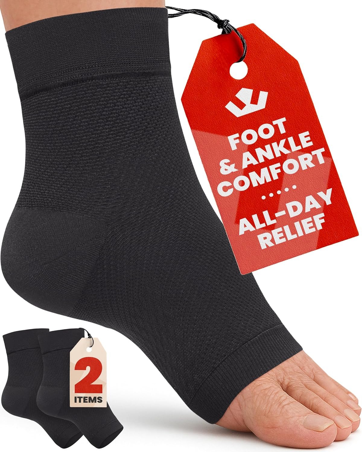 KEMFORD Ankle Compression Sleeve – 1-Pair, Plantar Fasciitis Braces – Open Toe Compression Socks for Swelling, Sprain, Neuropathy, Foot Arch Support for Men and Women – 20-30mmhg, L, Black