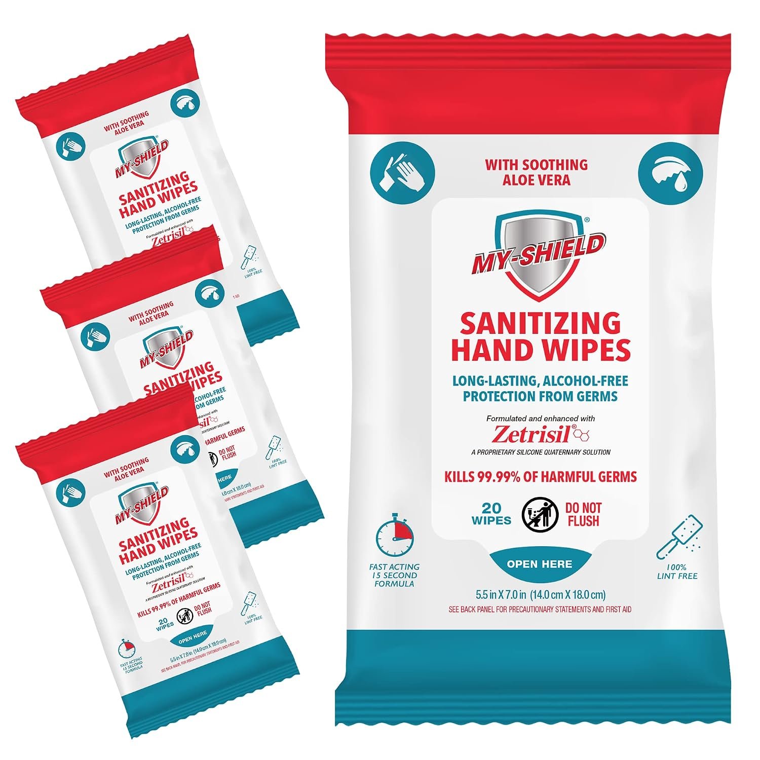 Sanitizing Hand Wipes – Travel Pack – 20 Count (4-pack) Alcohol-Free, Long-lasting Protection. Kills 99.9% of Germs. Moisturizes With Aloe Vera. Formulated with Zetrisil.