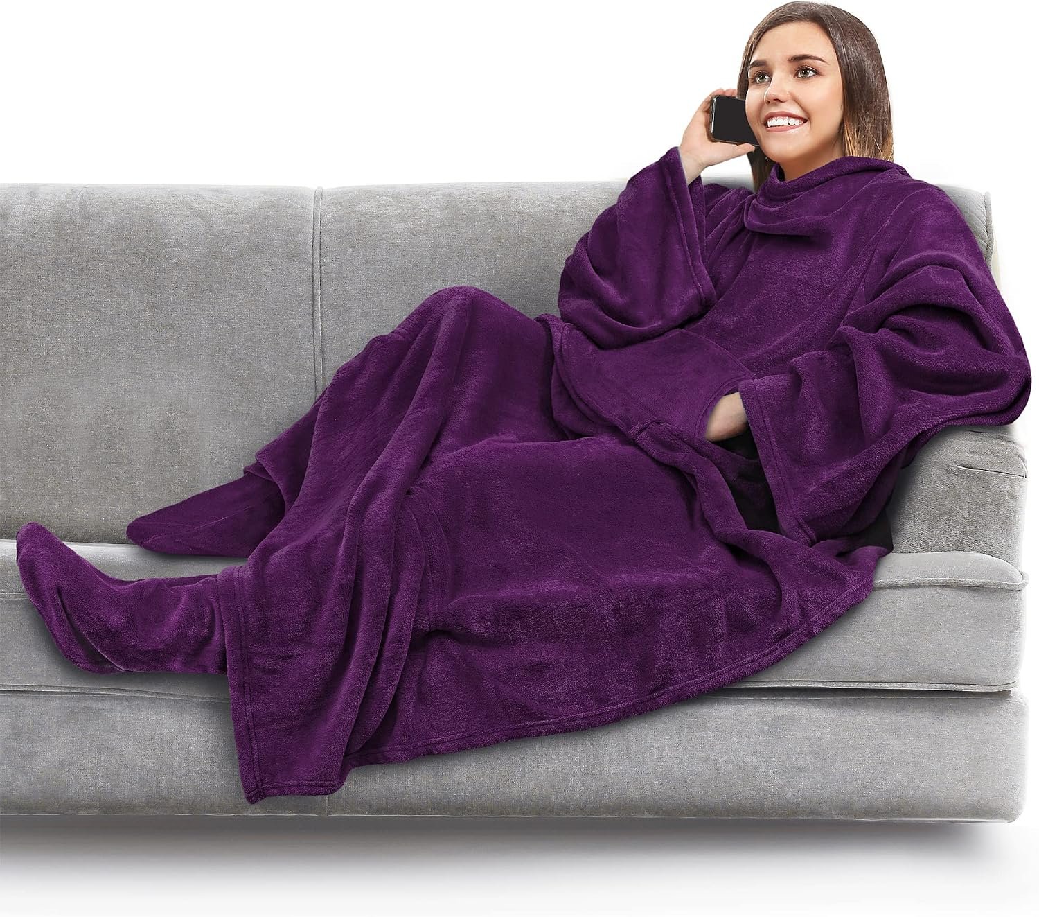 PAVILIA Fleece Blanket with Sleeves and Foot Pockets Women Men, Dark Purple