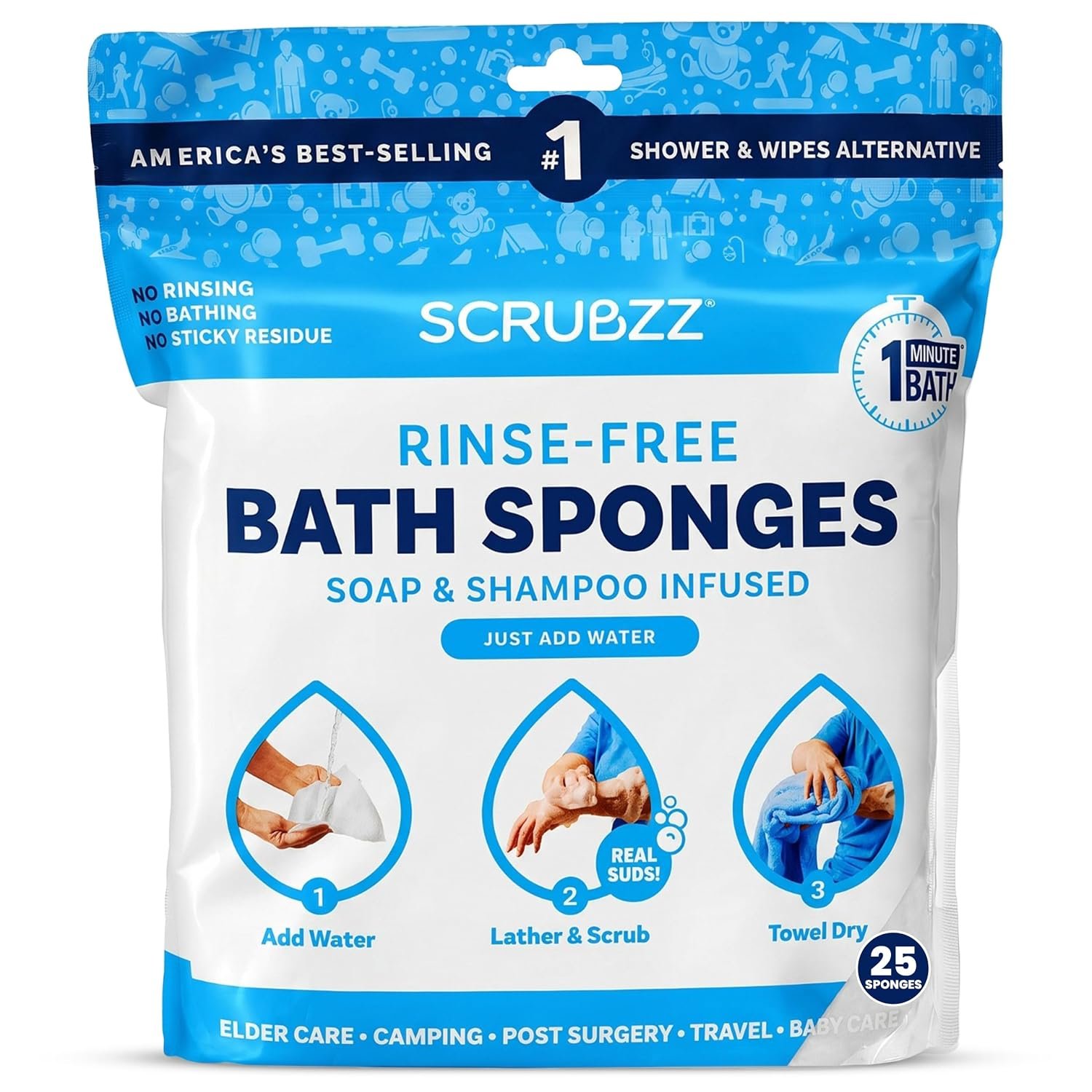 Scrubzz Disposable Rinse Free Bathing Wipes – 25 Pack – All-in-1 Single Use Shower Wipes, Simply Dampen, Lather, and Dry Without Shampoo or Rinsing