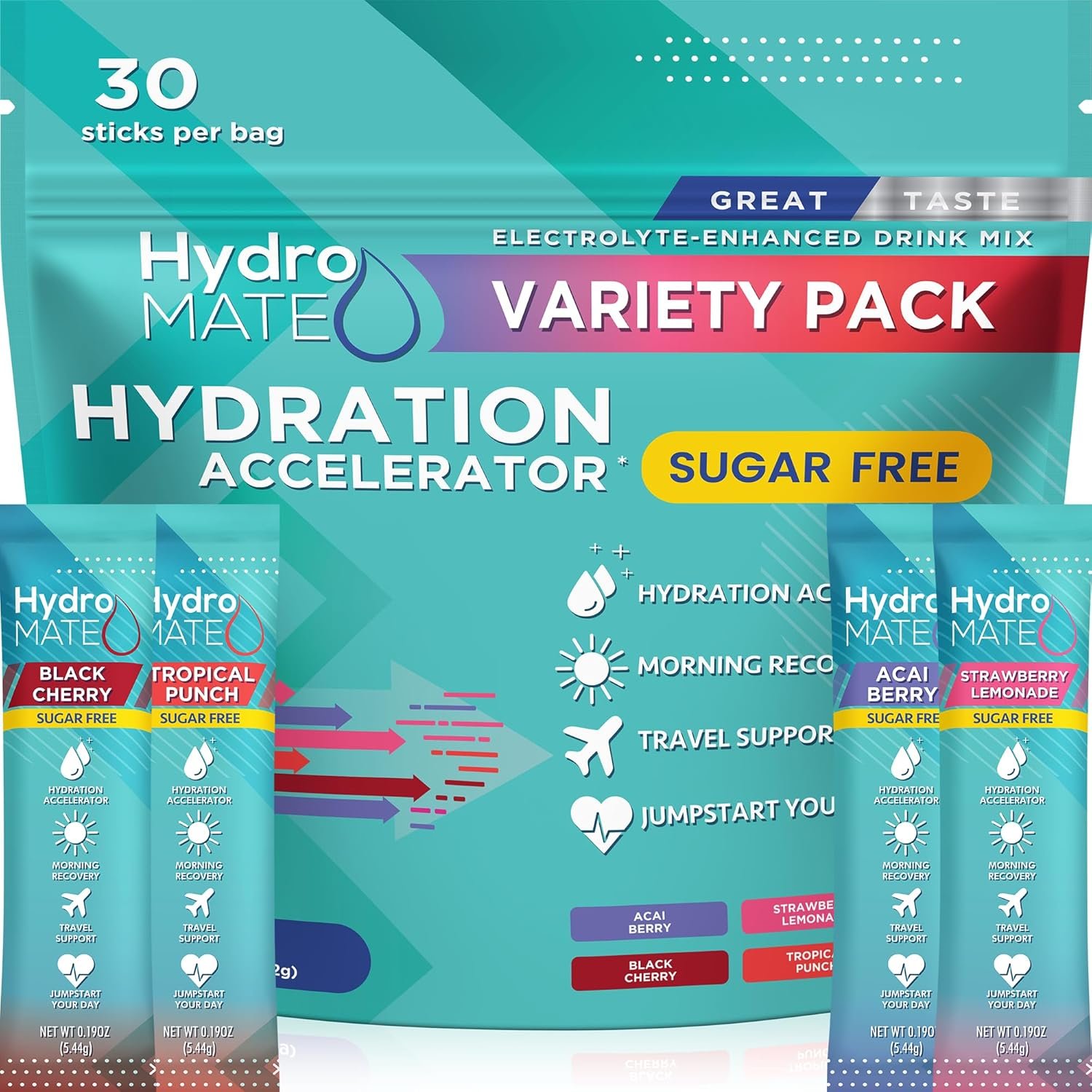 HydroMATE Electrolyte Powder Sugar-Free Hydration Packets Variety Pack 30 Sticks