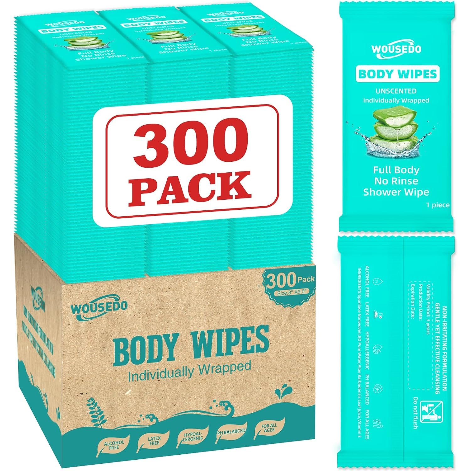 300 Pack Body Wipes Individually Wrapped(8″ x 9.5″), Shower Wipes for Adult