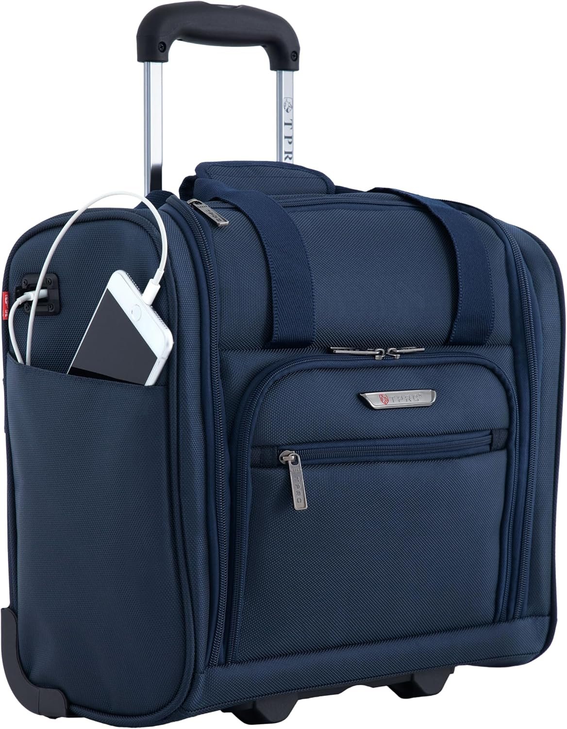 TPRC 15″ Smart Underseat Carry-On Luggage with USB Charging Port, Navy Blue