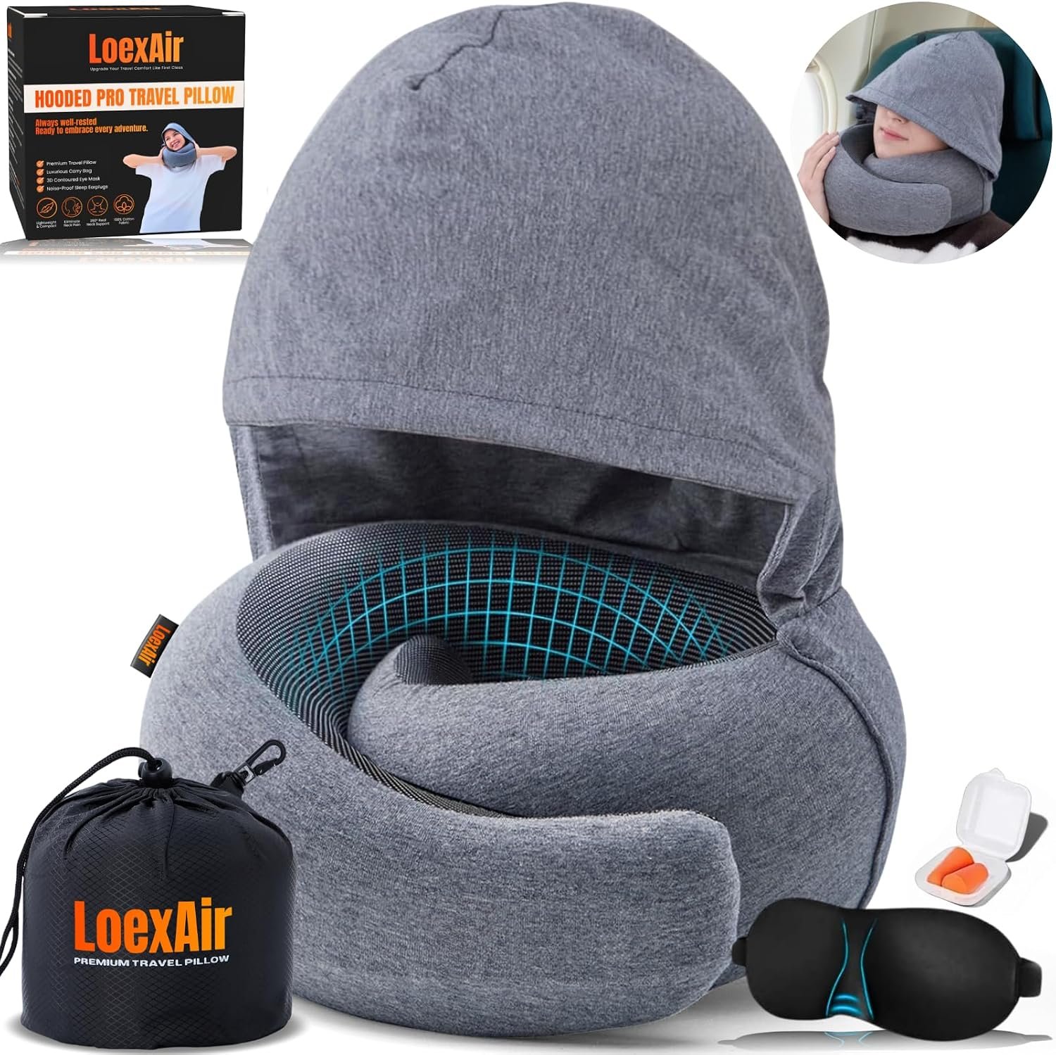 LOEXAIR™ Hooded Pro Travel Pillow – Memory Foam Neck Support Pillow for Airplane, Flight – Super-Soft Pure Cotton Fabric, Maximum Privacy & Light-Block Design, Lightweight Full Travel Kit – Light Grey