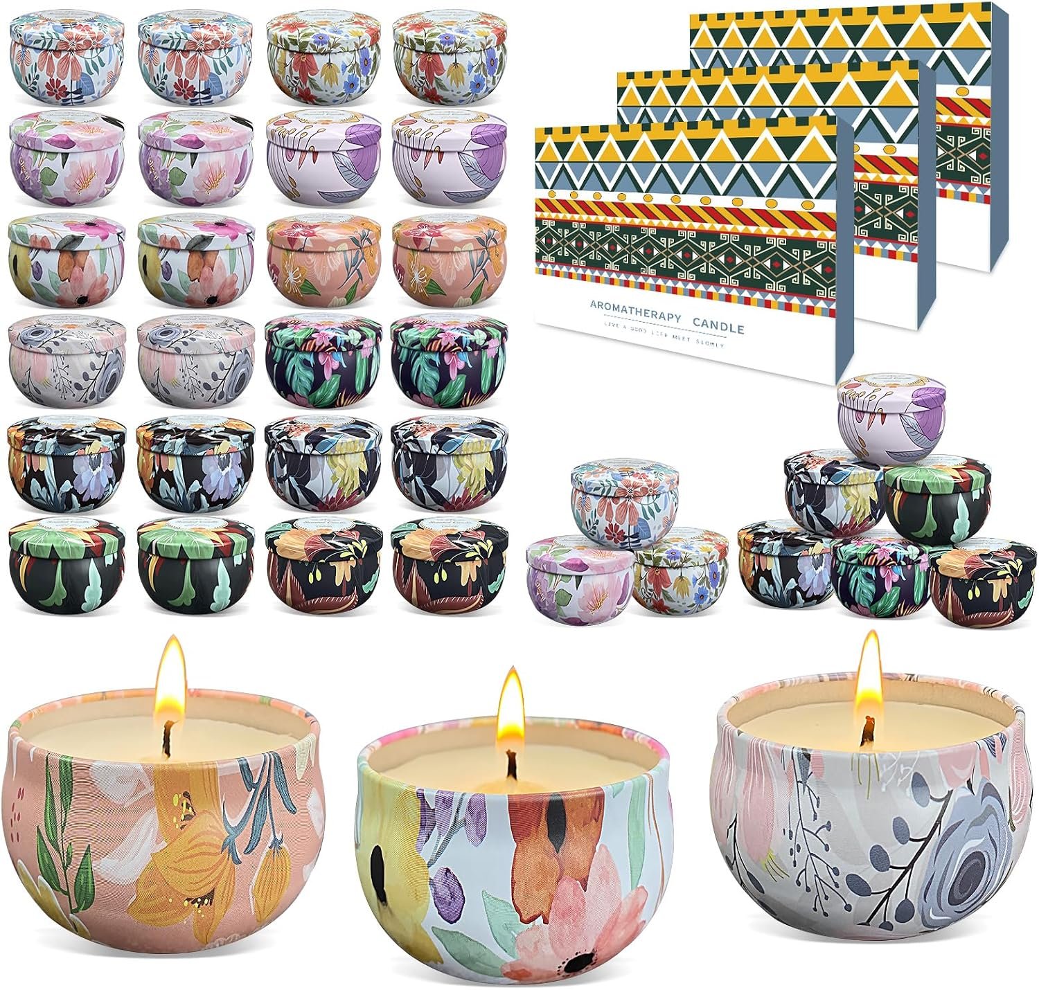 Scented Candles Gifts Set 36 Pack Soy Wax Travel Tin Jar Candles for Home 2.5 OZ for Mom for Christmas, Home Scented Decoration Birthday, Thanksgiving, Mother’s Day, Floral Pattern