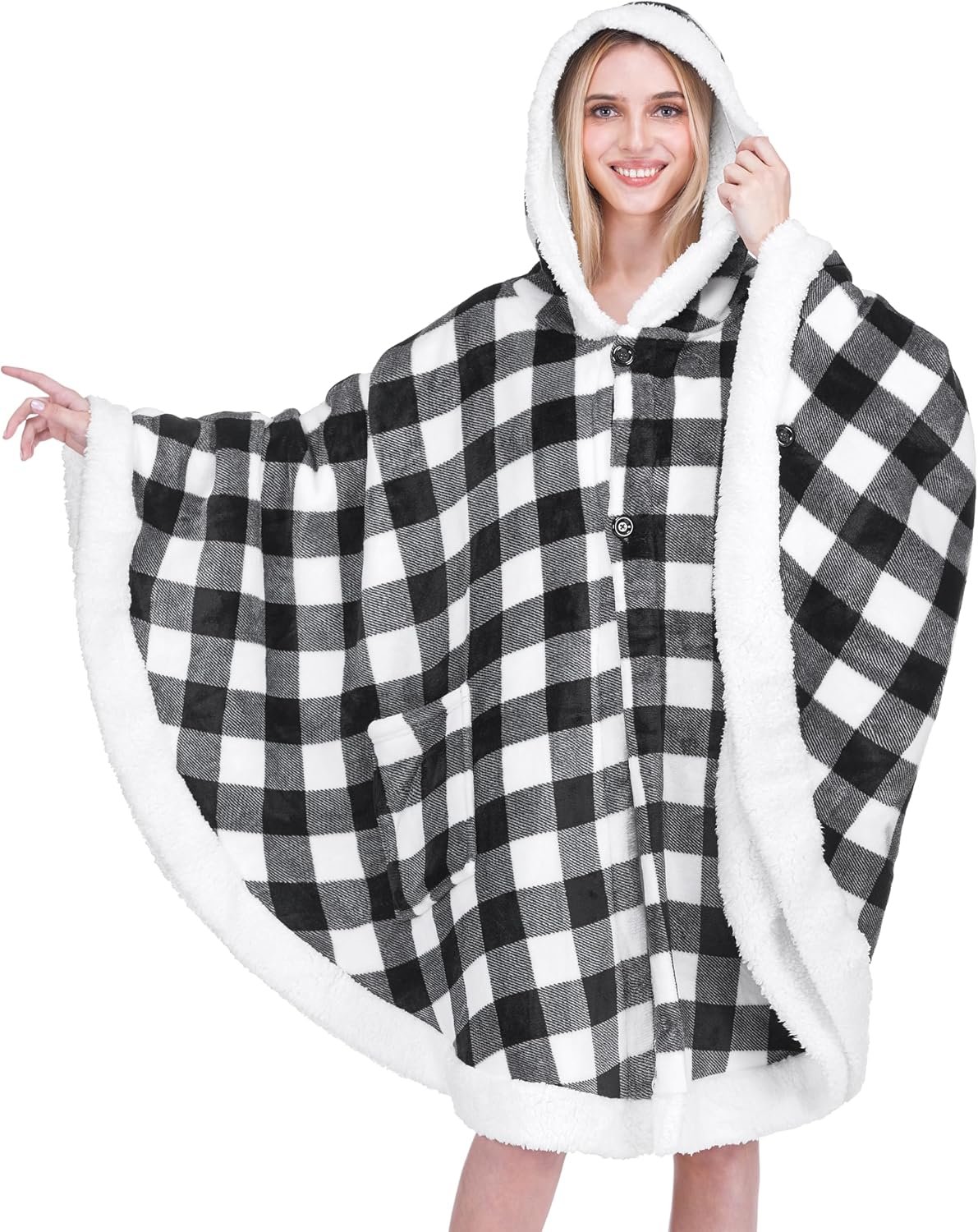 PAVILIA Hooded Blanket Poncho Fleece Wearable Shawl Wrap Throw, Plaid White