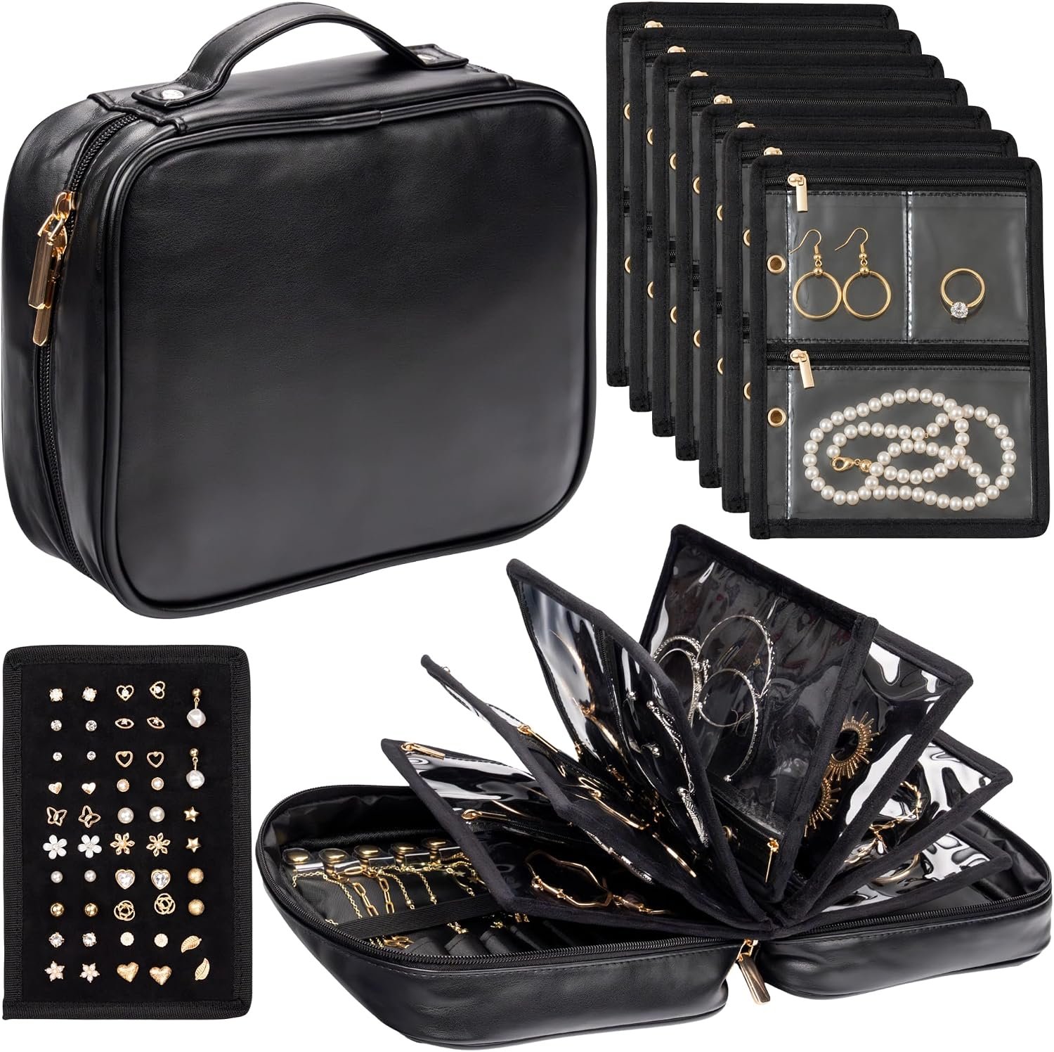 Travel Jewelry Organizer Case – Faux Leather Jewelry Organizer Bag with Binder Book Design – 7 Transparent Zipper Pouches, No-Tangle Necklace and Earring Sections for Women