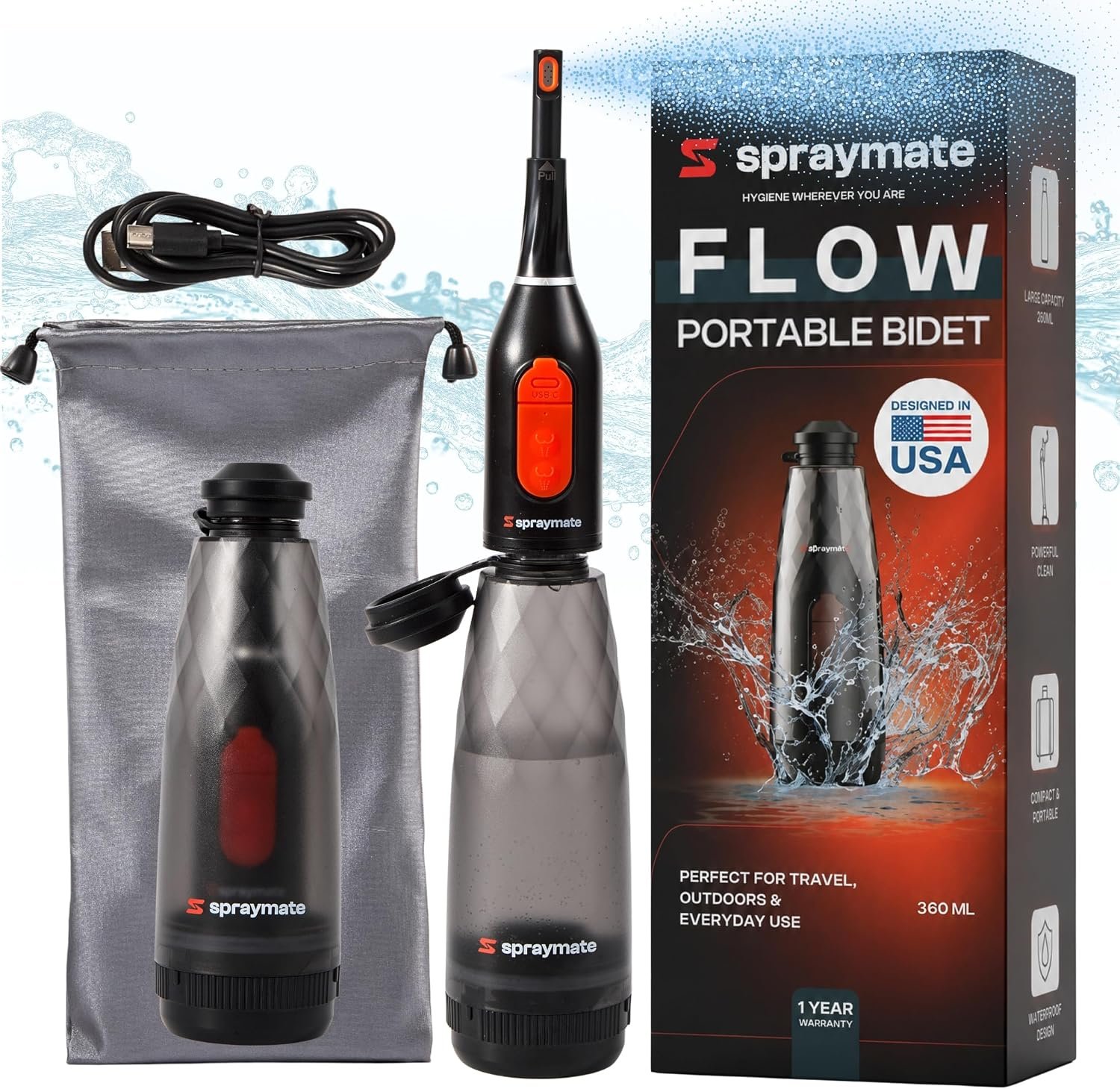 Portable Bidet for Travel & Camping – Electric Gentle Pressure Rechargeable Bidet for Women & Men | 360ML Bottle | 460ML/Min Flow | USB-C | 450mAh Battery | USA Brand – Spray Mate Flow