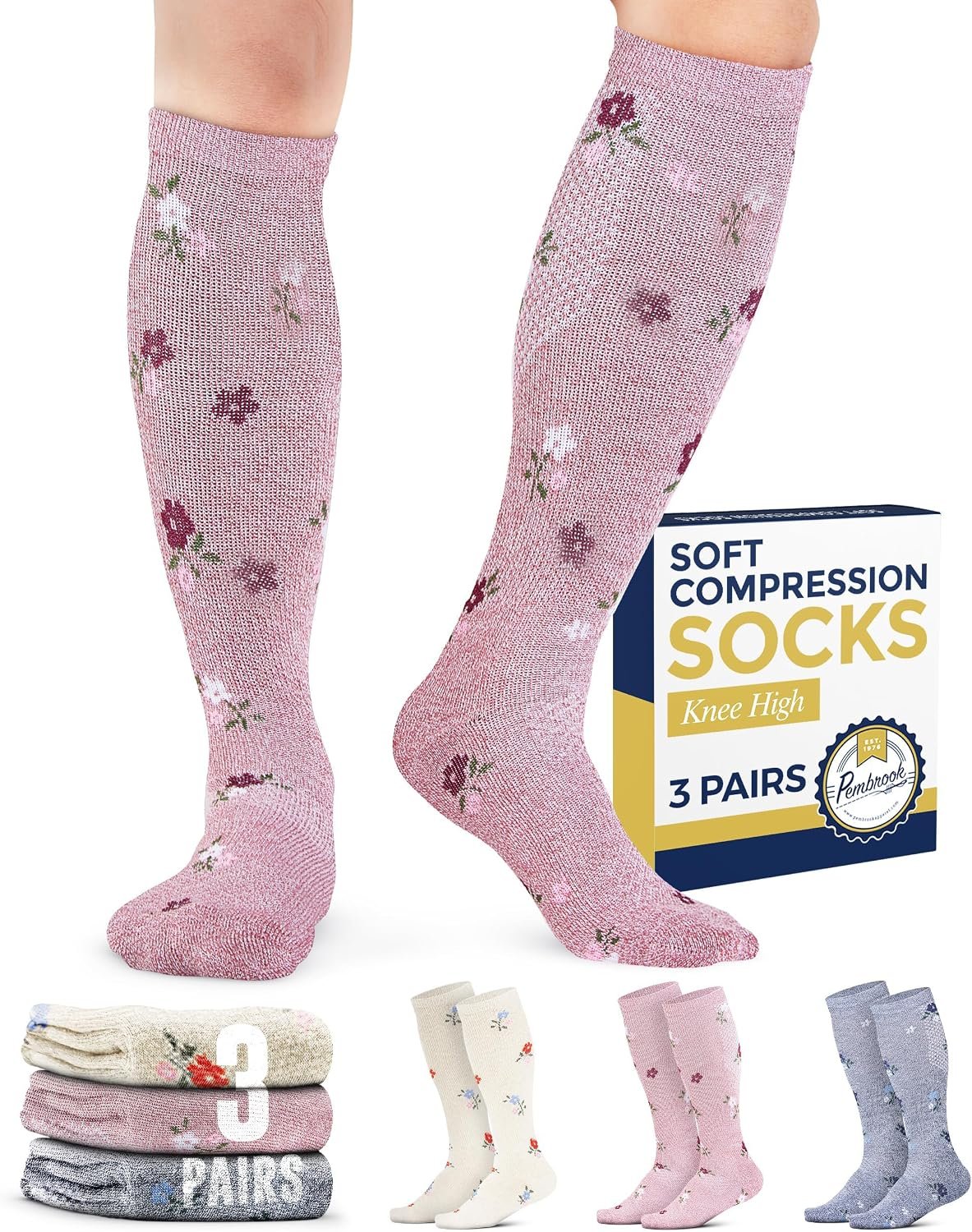 Pembrook® Light Compression Socks for Men & Women – 3 Pairs | 8-15 mmhg Compression Dress Socks for Men | Support Socks