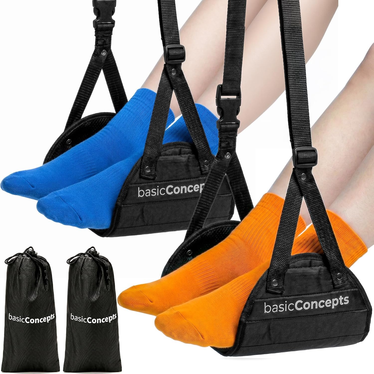 BASIC CONCEPTS Airplane Adjustable Foot Hammock (2 Pack), Perfect or Office Footrest to Relax Your Feet (Memory Foam) – for Travel Accessories, Desk Hammock, Comfy Hanger