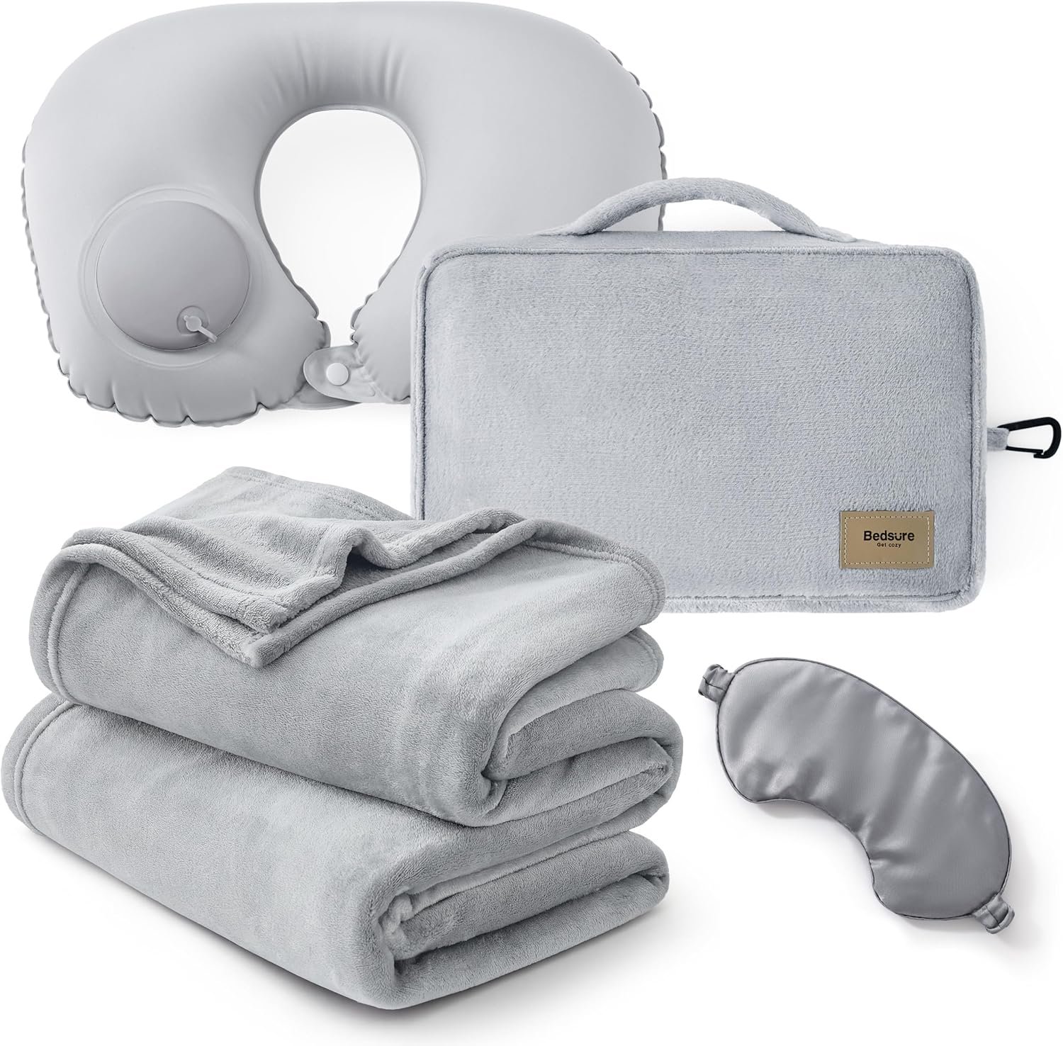 Bedsure Travel Blanket Set with Inflatable Neck Pillow and Eye Mask, Grey