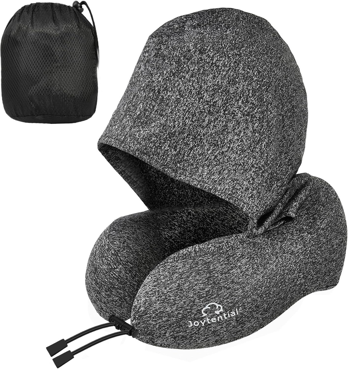 Travel Neck Pillow with Large Hood for Long Flights, Privacy Hooded Plane Pillow with Skin-Friendly Cover, Comfort Memory Foam, Travel Pillows for Road Trip, Airplane, Office Rest (Grey)