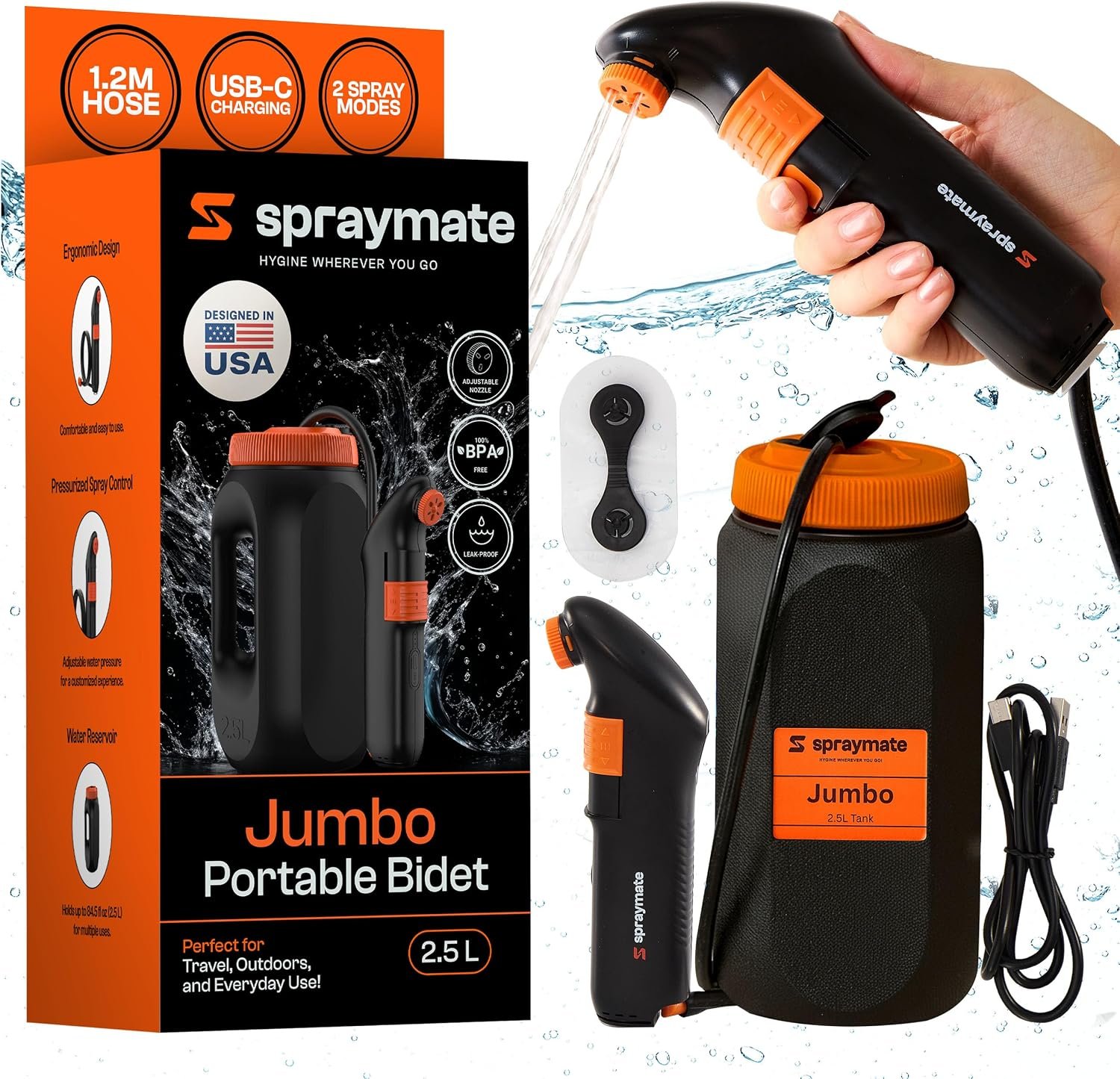 Portable Bidet for Travel & Camping – Electric High Pressure Rechargeable Bidet for Women & Men | 2.5L Bottle | 1300ML/Min Flow | USB-C | 1600mAh Battery | USA Brand – Spray Mate Jumbo (Black)