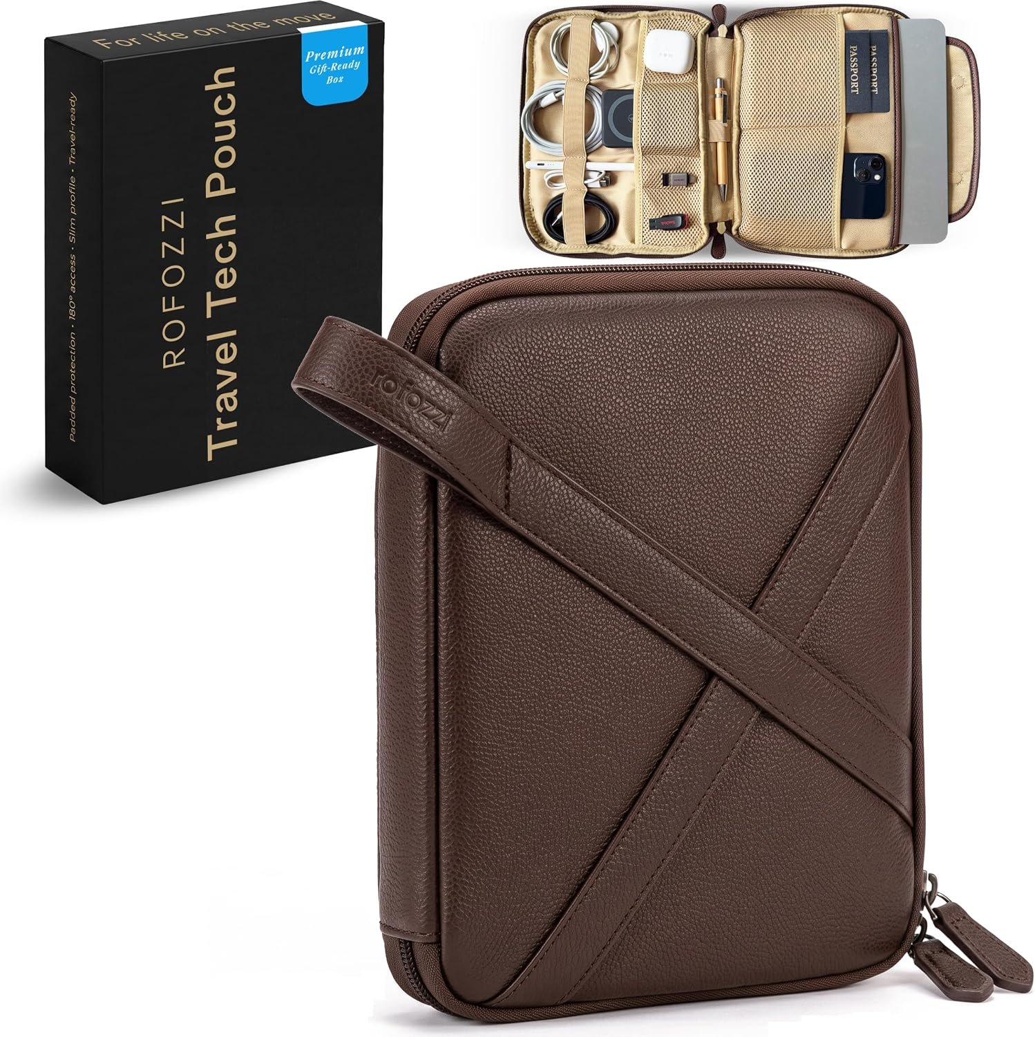 rofozzi Vegan Leather Travel Tech Pouch, Electronics & Cable Case Organizer with Padded 11-Inch Tablet Sleeve and Passport Pockets