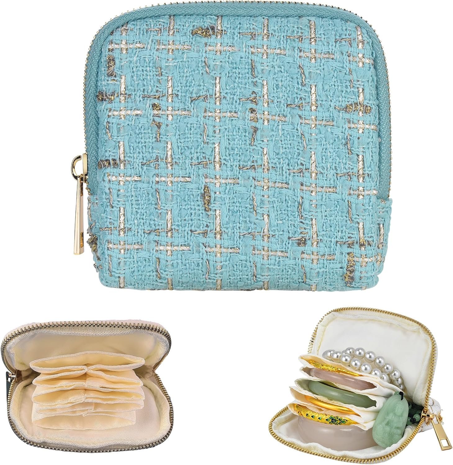 Jewelry Organizer Case, Small Travel Tweed Pouch, Portable(Aqua Blue)