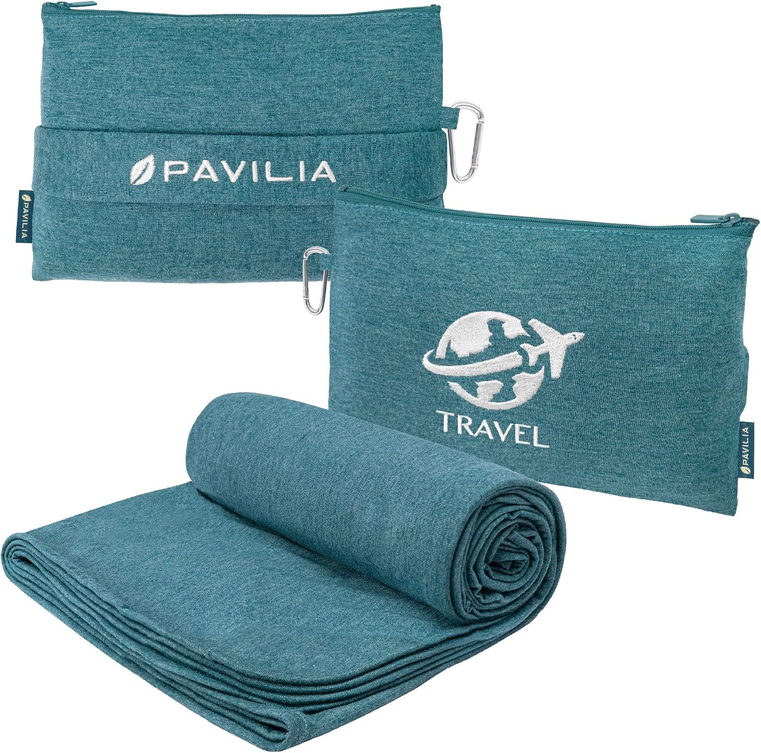 PAVILIA Travel Blanket Airplane Compact Pillow with Bag for Flights, Teal