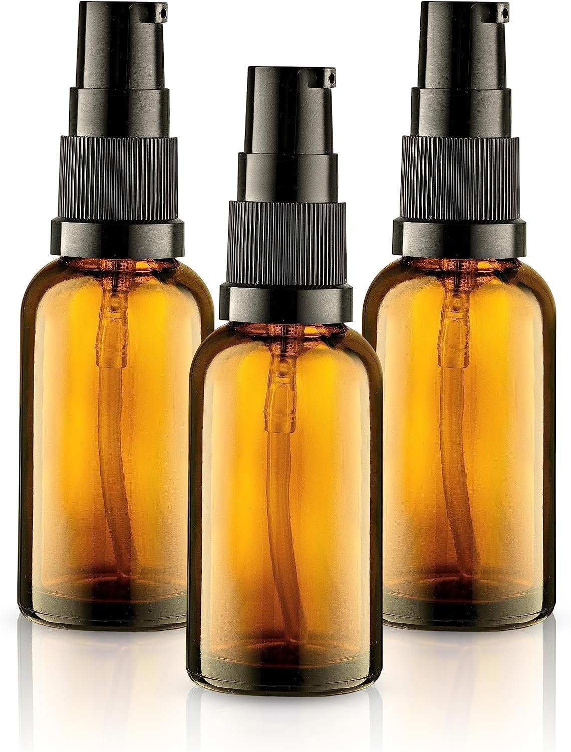 VitalUp Empty Refillable Glass Amber Pump Bottle Ideal for Lotion Cream Essential Oil Travel Small Container, TSA Approved, 30ml 3 Pack