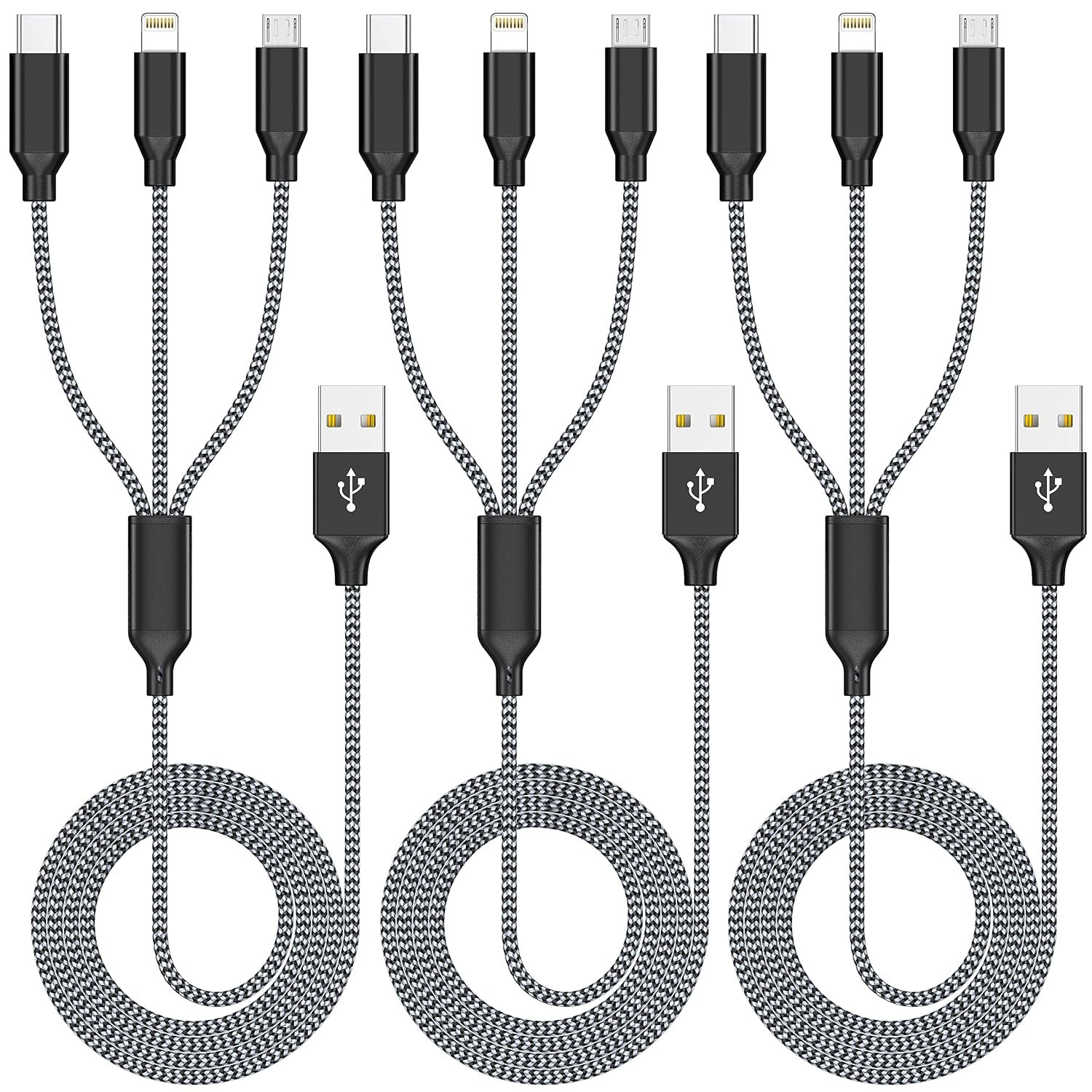Multi Charging Cable 4ft 3Pack 3 in 1 Charger Cord, Multiple Rapid Cable