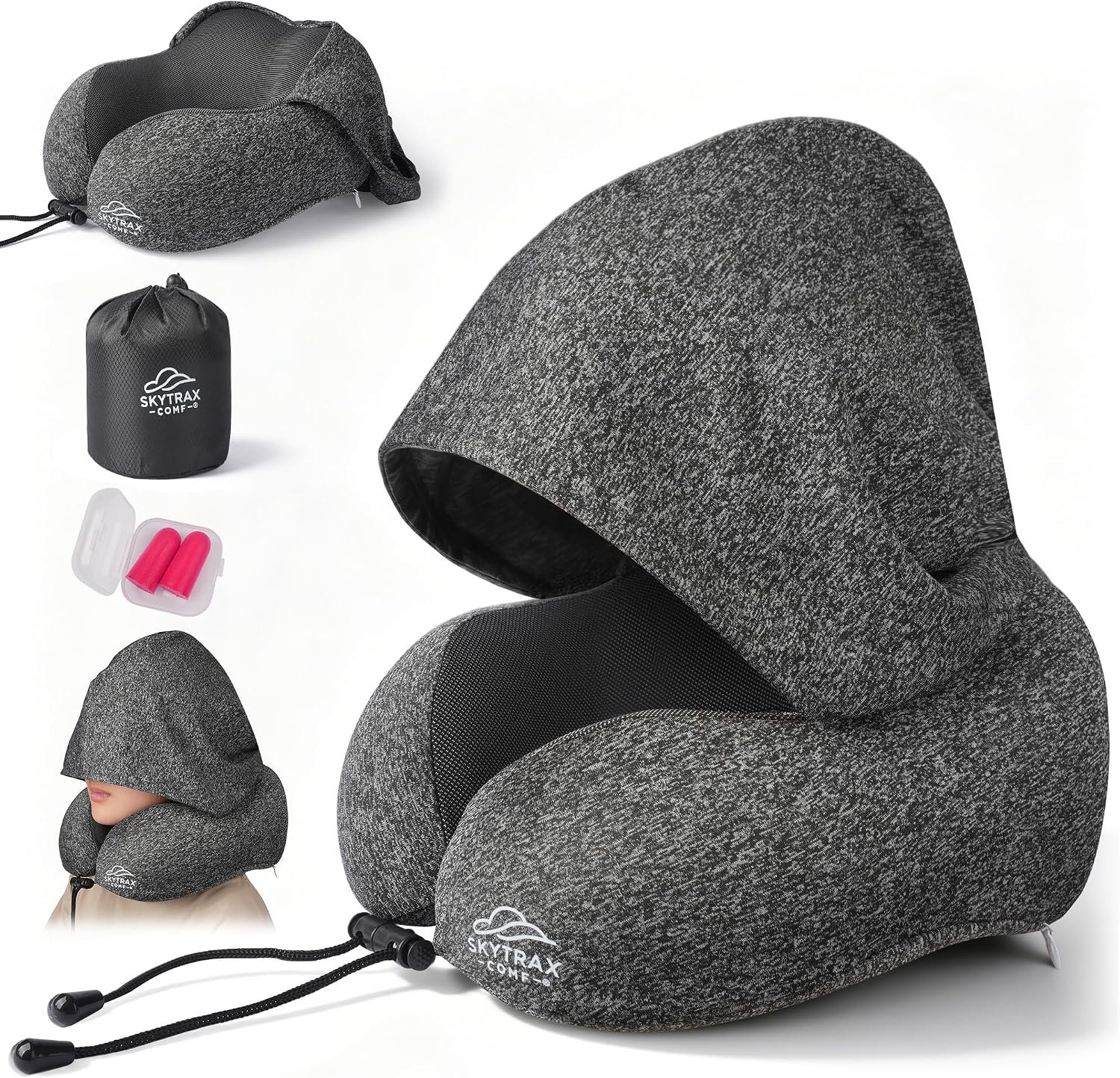 SkytraxComf® Travel Neck Pillow with Hood for Privacy on Long Flights
