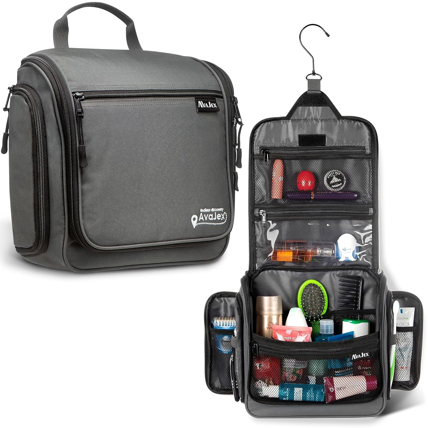 Travel Toiletry Bag for Men and Women – (10.6”x10.6”x3.2”) Large Hanging Toiletry Organizer – Waterproof Hygiene Bag with Metal XXL Swivel Hook, with Sturdy Zippers and 19 Compartments for Toiletries