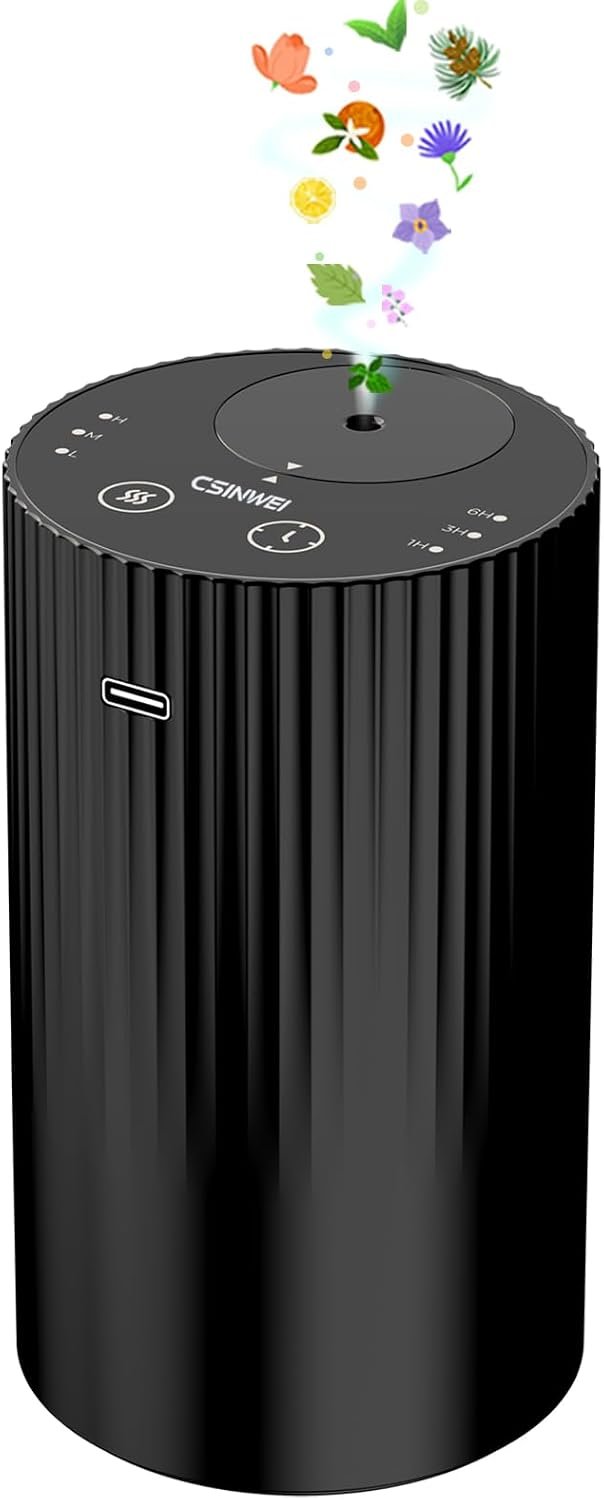 Waterless Essential Oil Diffuser, Portable Car Diffuser with Rechargeable Battery, Cordless Aromatherapy Diffuser for Home Office Bedroom, USB-C Nebulizing, 600 Sq Ft Coverage (Black)