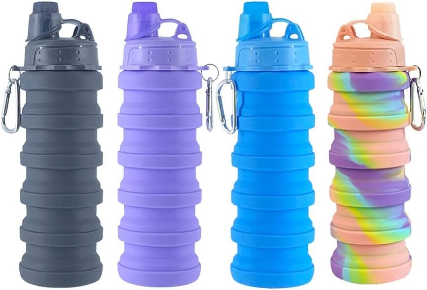 Collapsible Water Bottles 4 pack 500ML (Black+Purple+Blue+Pink)
