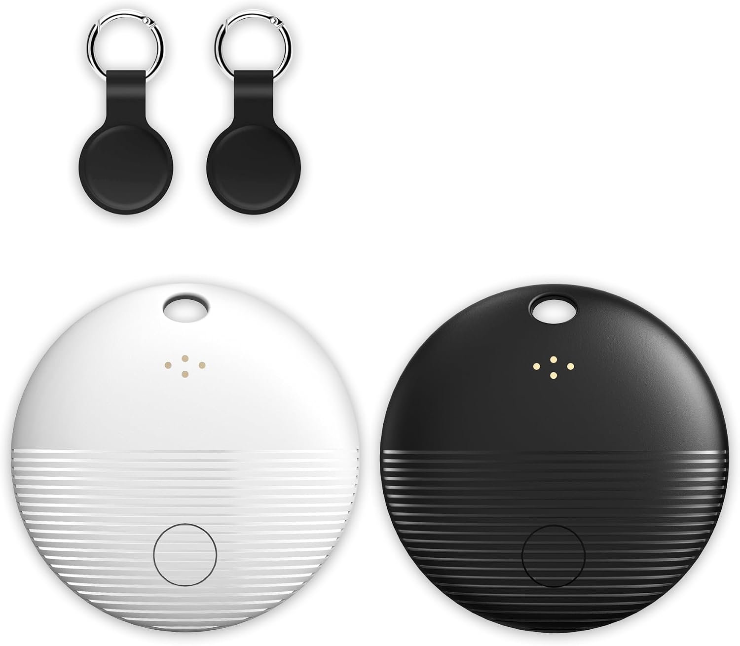 2-Pack Bluetooth Tracker Tags Black & White for Android, Works with Google Find Hub — Key Finder with 105dB Loud Alarm, Ultra Thin, 2 Silicone Keyring Cases & 2 Extra CR2032 Batteries Included