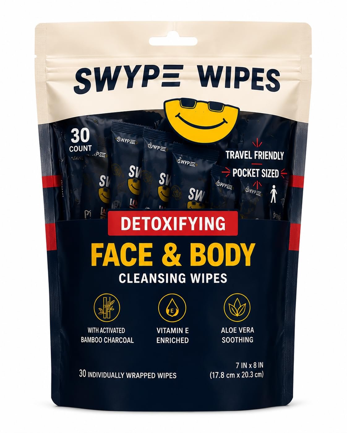 Swype Wipes Detoxifying Face & Body Cleansing Wipes, Travel Friendly, Pocket Sized, 30 Count