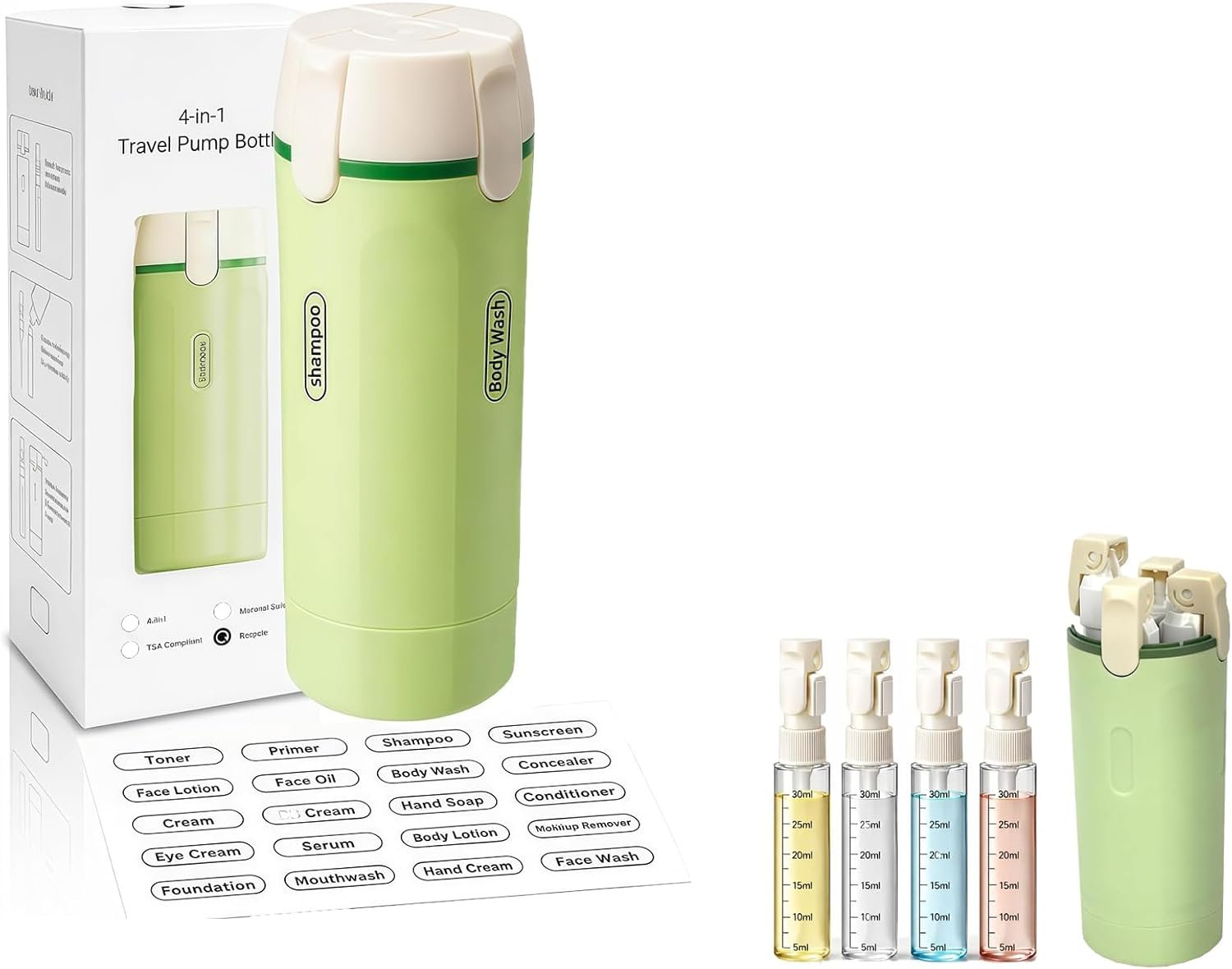4 in 1 Travel Dispenser Bottles Refillable Toiletry TSA Leak Proof Green