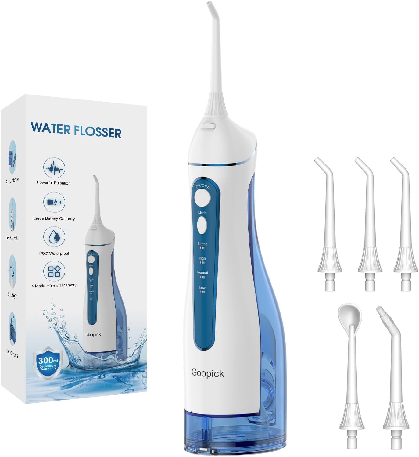 Cordless Portable Water Flosser with 300ML Tank: Rechargeable Oral Irrigator with 5 Tips for Travel, Braces Care and Sensitive Gums, IPX7 Waterproof Teeth Cleaning Device(Blue