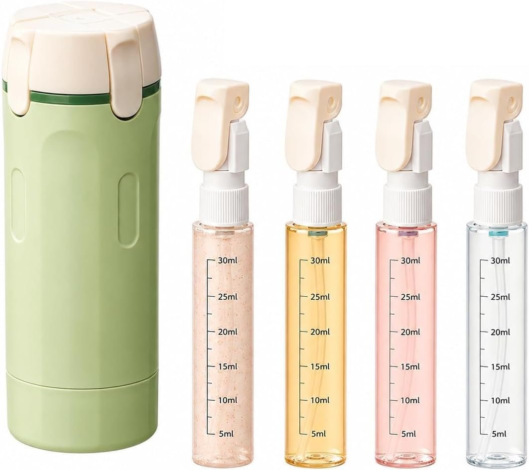 4 in 1 Travel Dispenser Bottle, Leak Proof Refillable Travel Toiletry Containers, Travel Bottles Set Meets TSA 3-1-1 Requirements for about 3 Days Business Trip (Per Person), 4 x 30ml, Green
