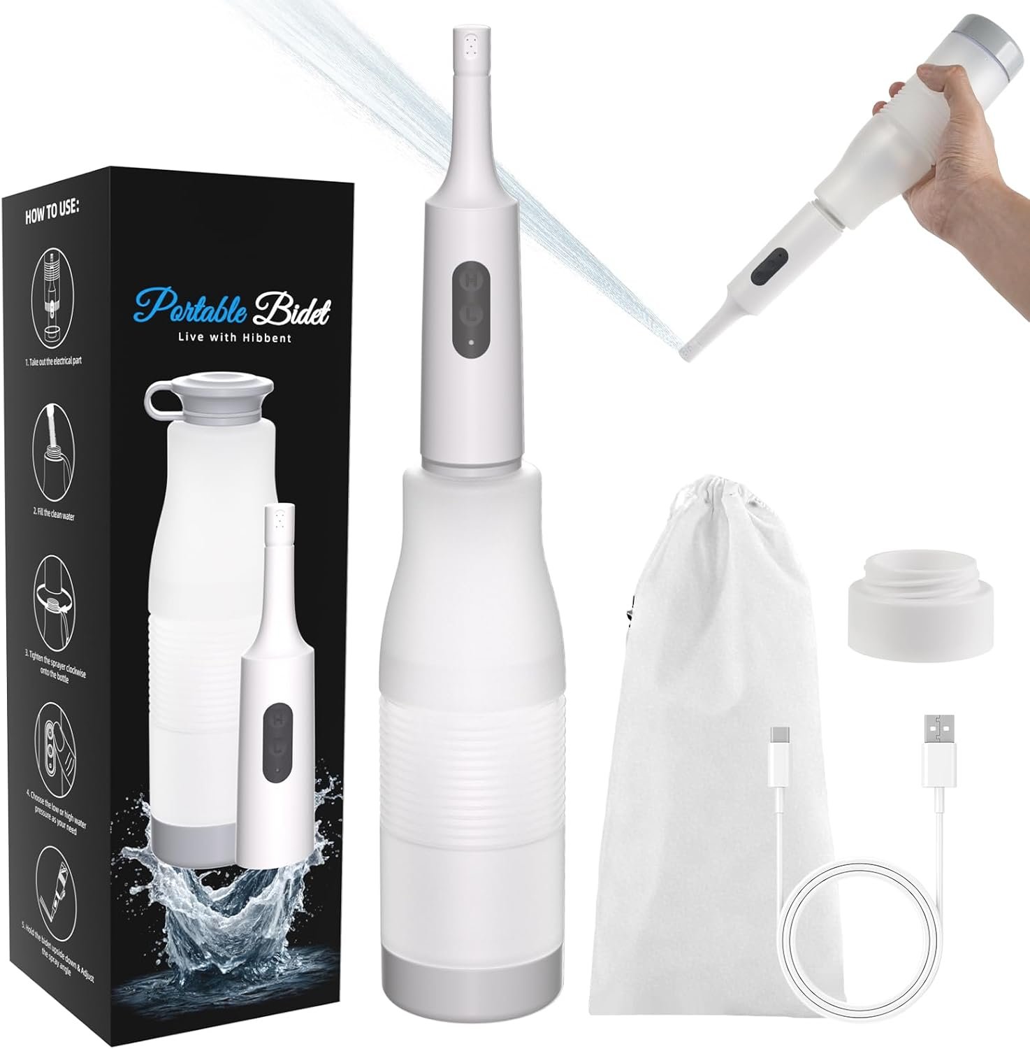 Hibbent Portable Bidet for Travel, High Pressure Electric Handheld Bidet Sprayer, 350-550ML Expandable Bottle for Personal Hygiene, USB-C Rechargeable Waterproof, Travel Sprayer for Women & Men, White