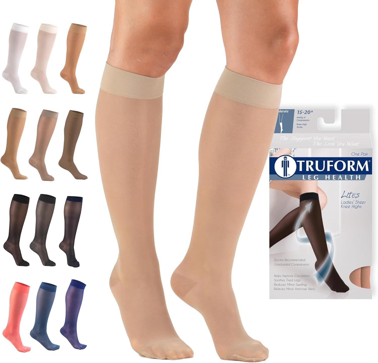 Truform Sheer Compression Stockings, 15-20 mmHg, Women’s Knee High Length, 20 Denier, Nude, Medium